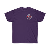 A purple Serpent Splatter Skull Tee (unisex) with a small circular emblem on the left side of the chest. The emblem features a detailed design with red, white, and gray colors. This sustainably sourced unisex ultra cotton tee by Urban SoulShine & co has a classic crew neck and short sleeves.