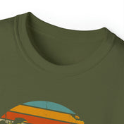 Close-up of the neckline of an olive green Spooky Nights Halloween Ultra Cotton Tee (Unisex). The shirt, by Printify, features a retro-style graphic with yellow, orange, and blue stripes in the shape of a half-circle, perfect for those who dare to inspire.