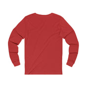 A vibrant red long-sleeve tee named the "Three Merry Gnomes Christmas Long Sleeve Tee (unisex)" from Urban SoulShine & co is displayed from the back. It is crafted from lightweight Airlume cotton, featuring a round neckline and fitted sleeves at the wrists for a comfortable unisex jersey style.