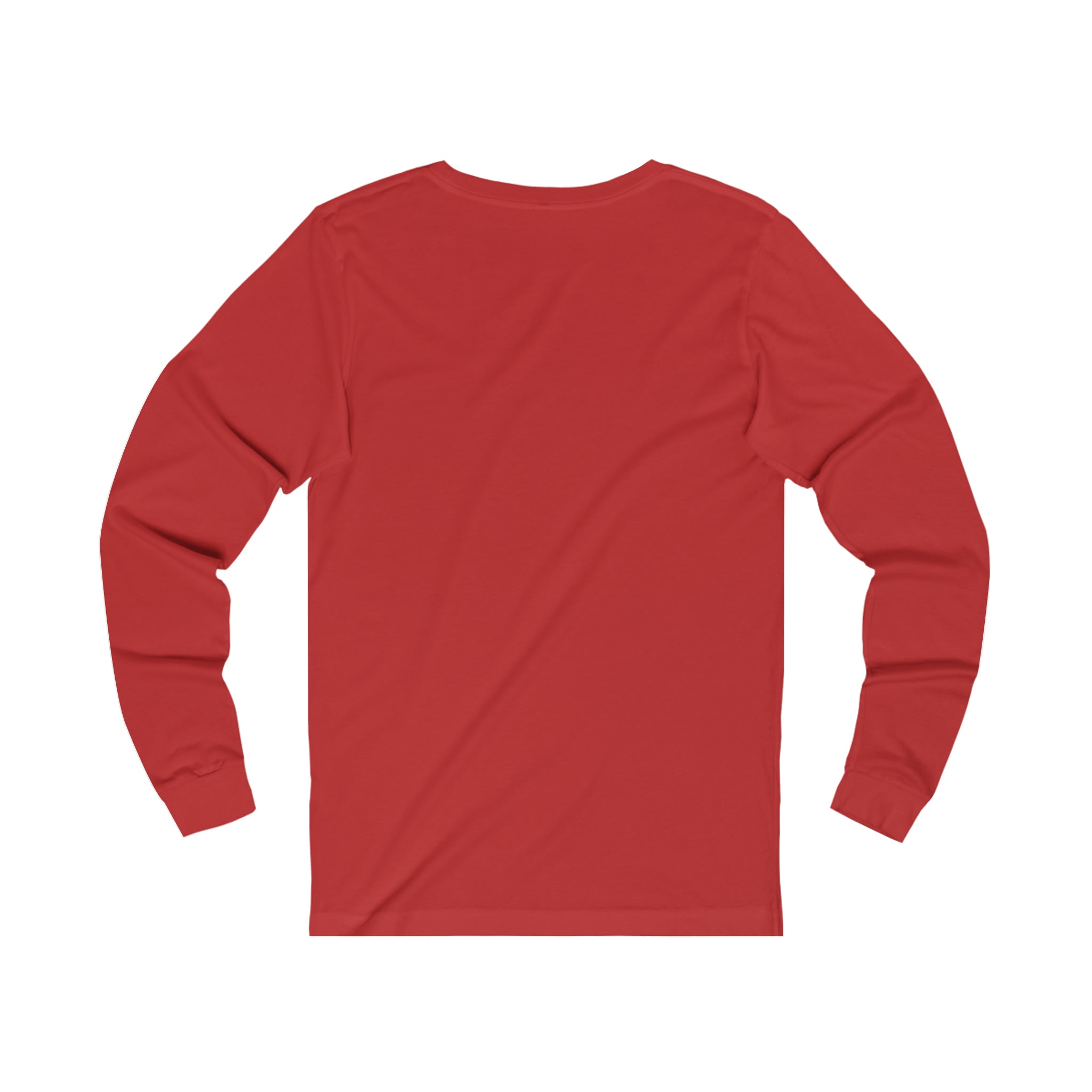 A vibrant red long-sleeve tee named the "Three Merry Gnomes Christmas Long Sleeve Tee (unisex)" from Urban SoulShine & co is displayed from the back. It is crafted from lightweight Airlume cotton, featuring a round neckline and fitted sleeves at the wrists for a comfortable unisex jersey style.