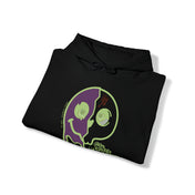 A folded black hoodie featuring a front graphic of a split-faced smiley design. One half is purple and melting, while the other half is green. The phrase "Stay Melting" is displayed near the graphic in green. This piece of inspirational wear has a drawstring at the hood, perfect for those who love to express yourself through artistic expression. This Stay Spooky Funky Faces Halloween Hoodie (unisex) by Printify captures that spirit beautifully.