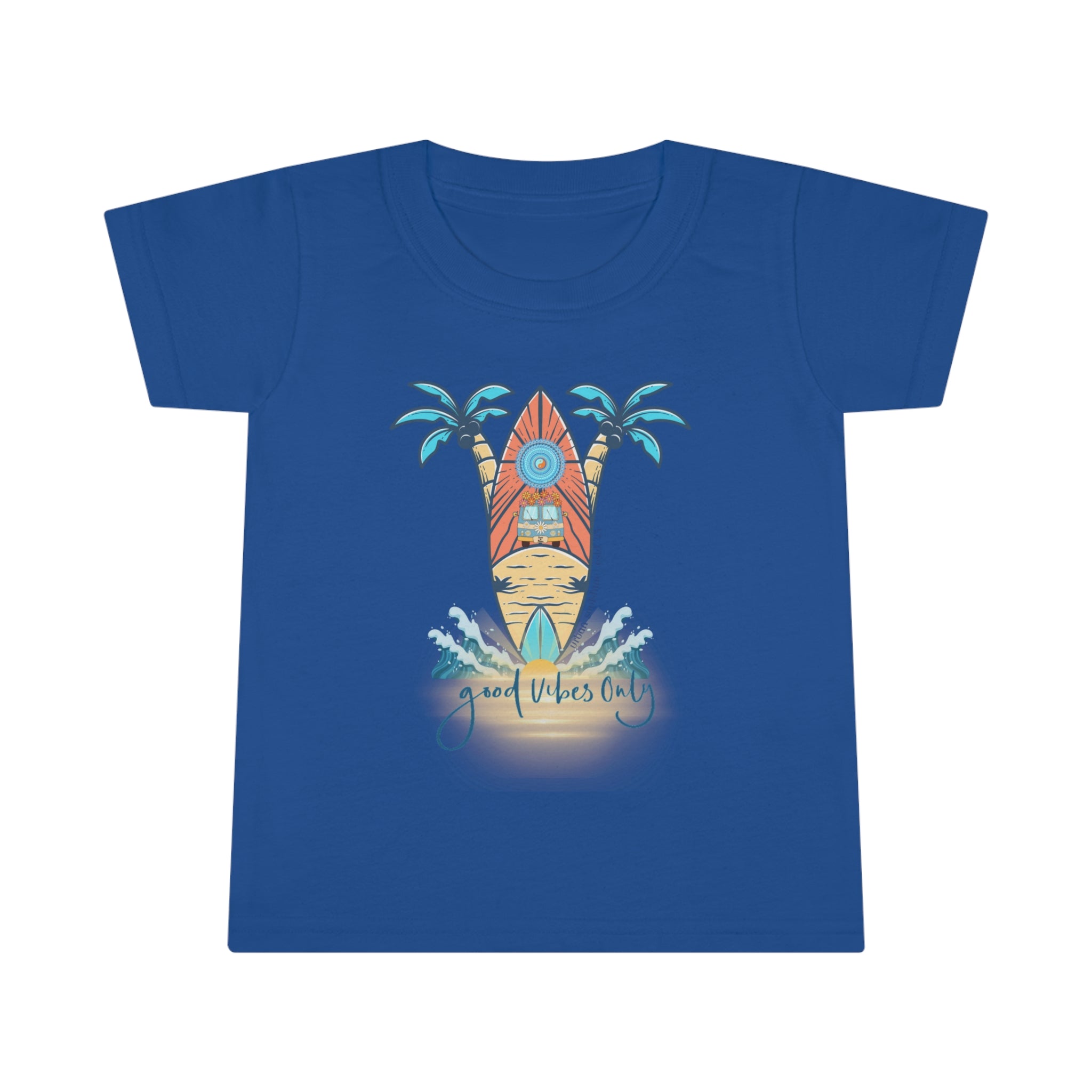 A smiling toddler with light brown hair is wearing a Surf's Up Good Vibes Only Toddler T-shirt by Printify featuring a colorful surfboard design with palm trees and waves. The text "good vibes only" is printed below the surfboard, capturing the spirit of inspirational wear. The child stands against a plain background.