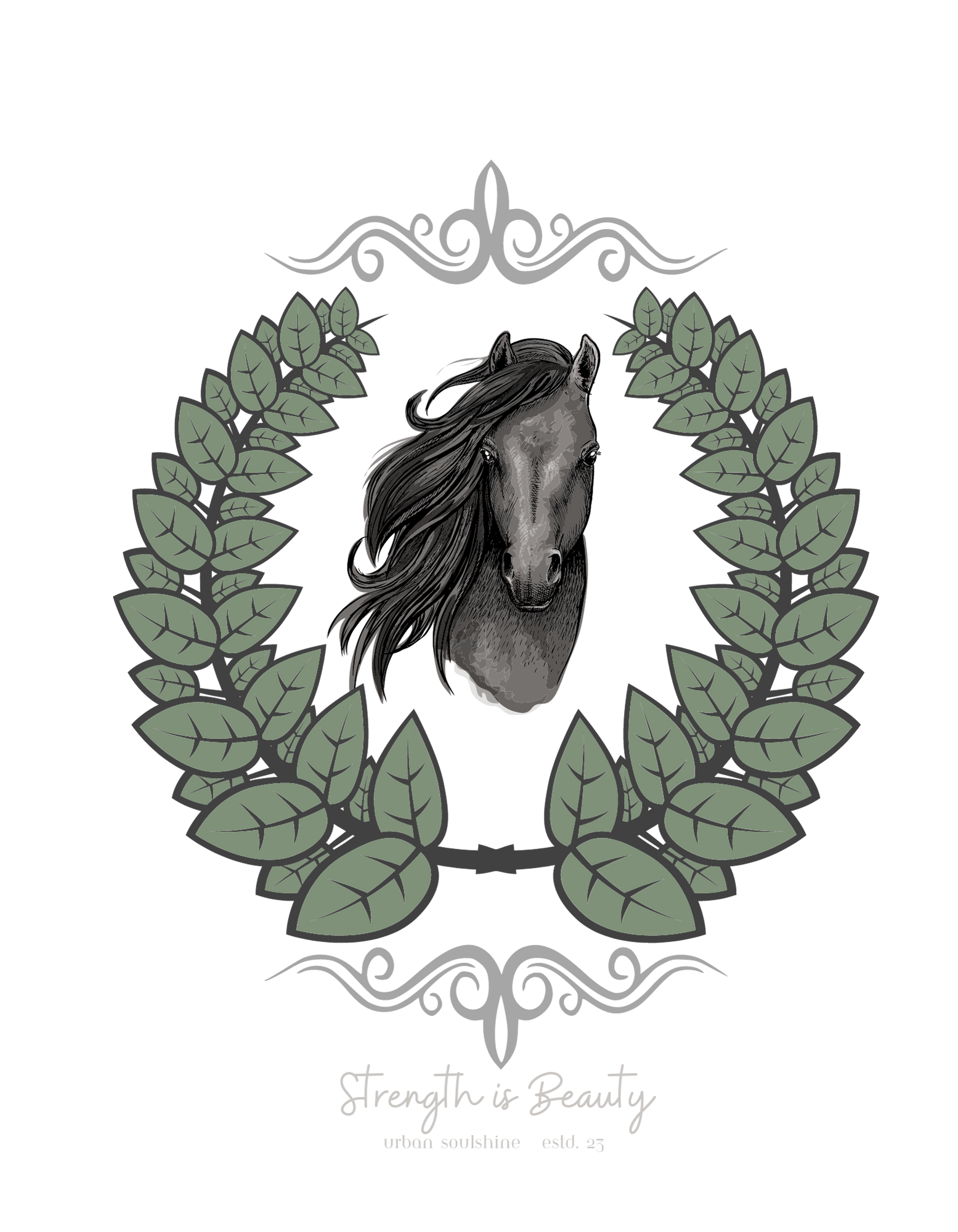 A woman with long hair wearing a gray Urban SoulShine & co Strength is Beauty Horse Tee featuring a horse design is sitting in a partially ruined building. Surrounding the horse image is a leafy wreath. "Strength is Beauty" is written at the bottom in flowing script, daring to inspire. The same horse logo appears on the wall.