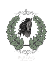 A woman with long hair wearing a gray Urban SoulShine & co Strength is Beauty Horse Tee featuring a horse design is sitting in a partially ruined building. Surrounding the horse image is a leafy wreath. "Strength is Beauty" is written at the bottom in flowing script, daring to inspire. The same horse logo appears on the wall.