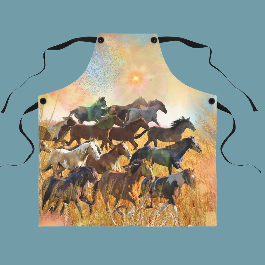 The Sunrise Horse Run Apron by Printify features an artistic expression of wild horses running through a field. The design showcases various horses in motion against a background with vibrant colors and abstract elements, embodying a sense of soulshine. The apron has black straps for securing it around the neck and waist.