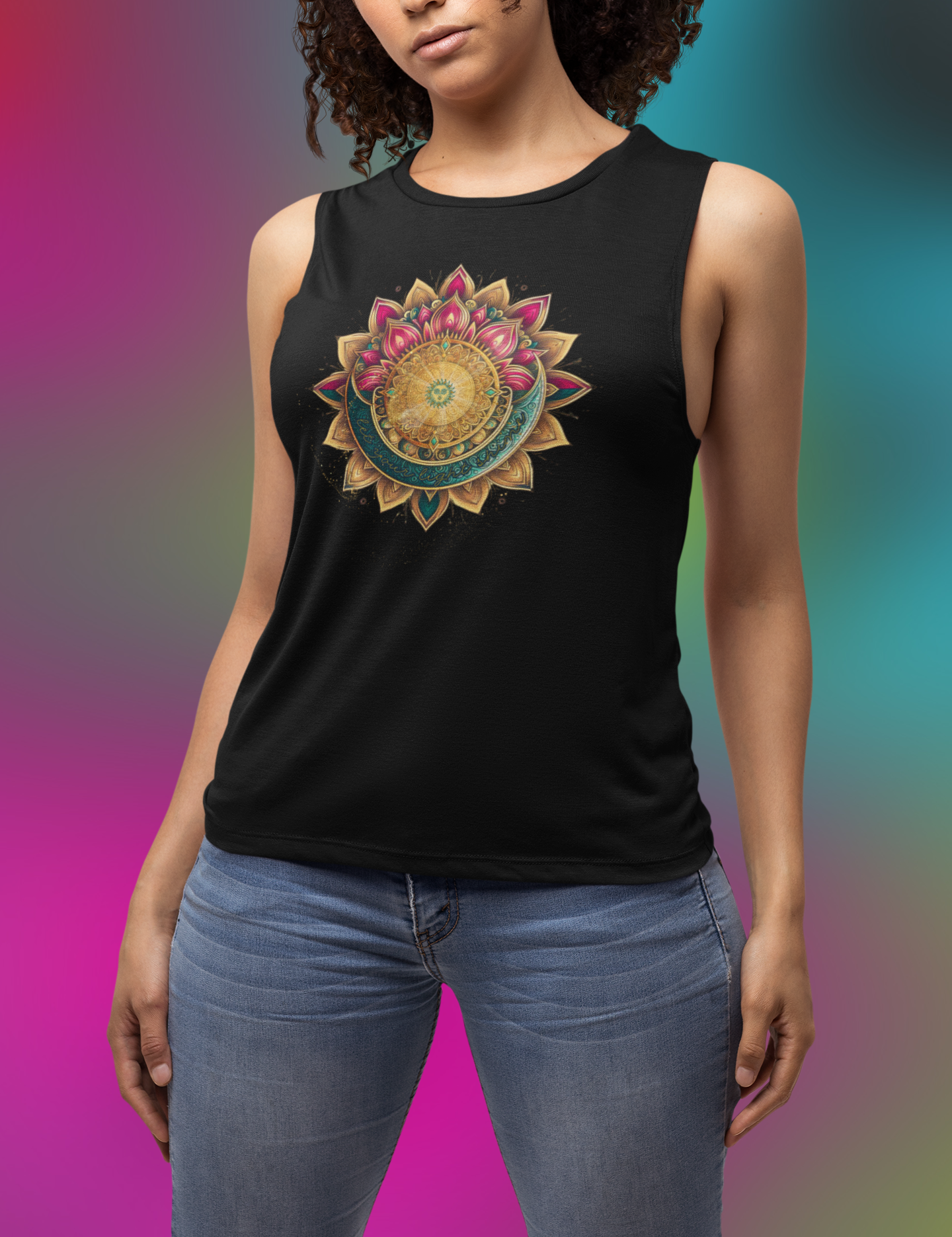 A black sleeveless tank top featuring a detailed, colorful mandala design in the center. The mandala includes intricate patterns with shades of gold, pink, blue, and green, forming symmetrical shapes radiating outwards. Express yourself with the Printify SunShine Mandala Flowy Muscle Tank!