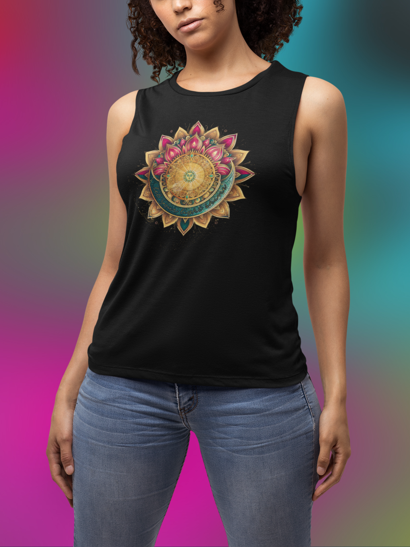 A black sleeveless tank top featuring a detailed, colorful mandala design in the center. The mandala includes intricate patterns with shades of gold, pink, blue, and green, forming symmetrical shapes radiating outwards. Express yourself with the Printify SunShine Mandala Flowy Muscle Tank!