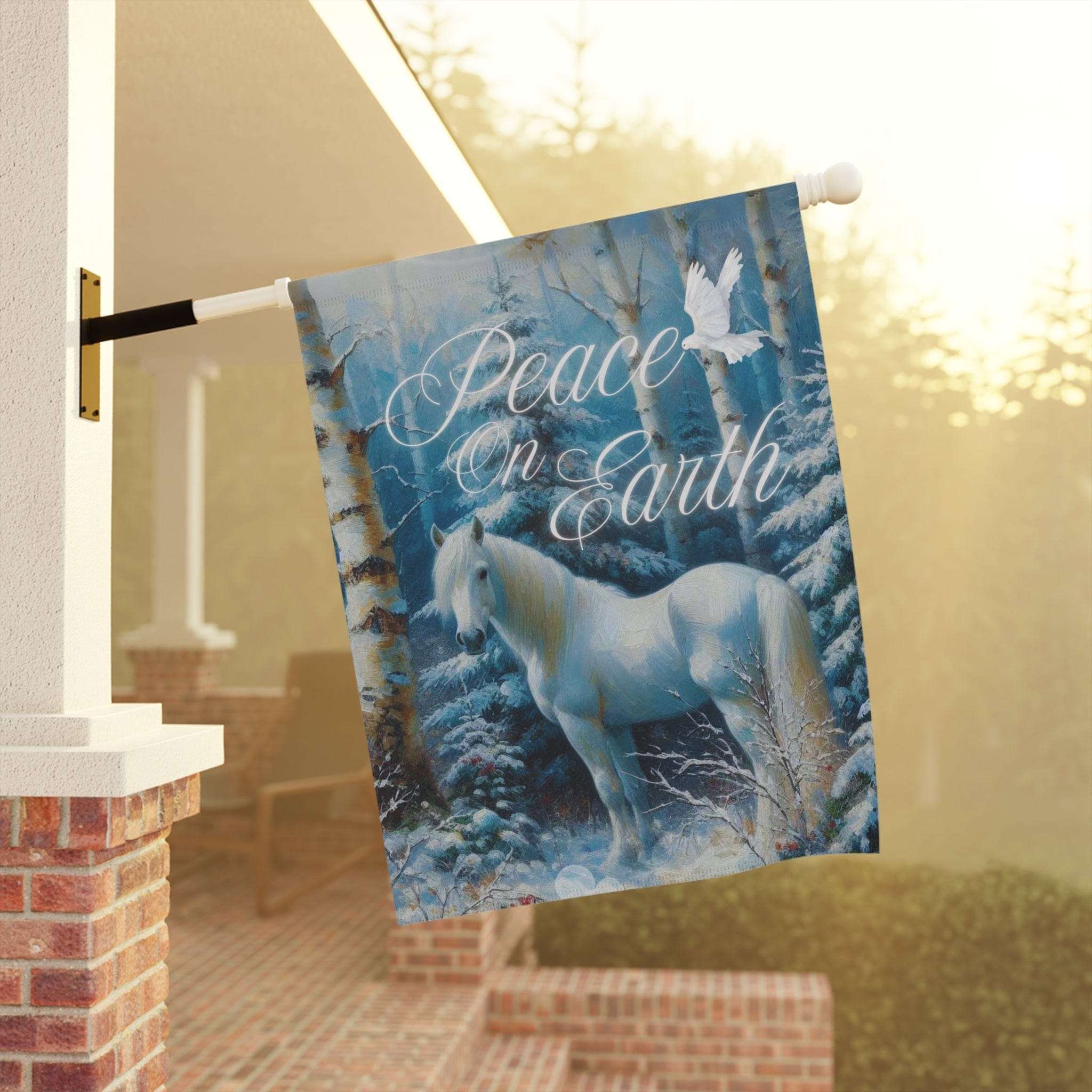 Peace On Earth White Horse Custom Holiday Home or Garden Banner 24.5'' × 32''