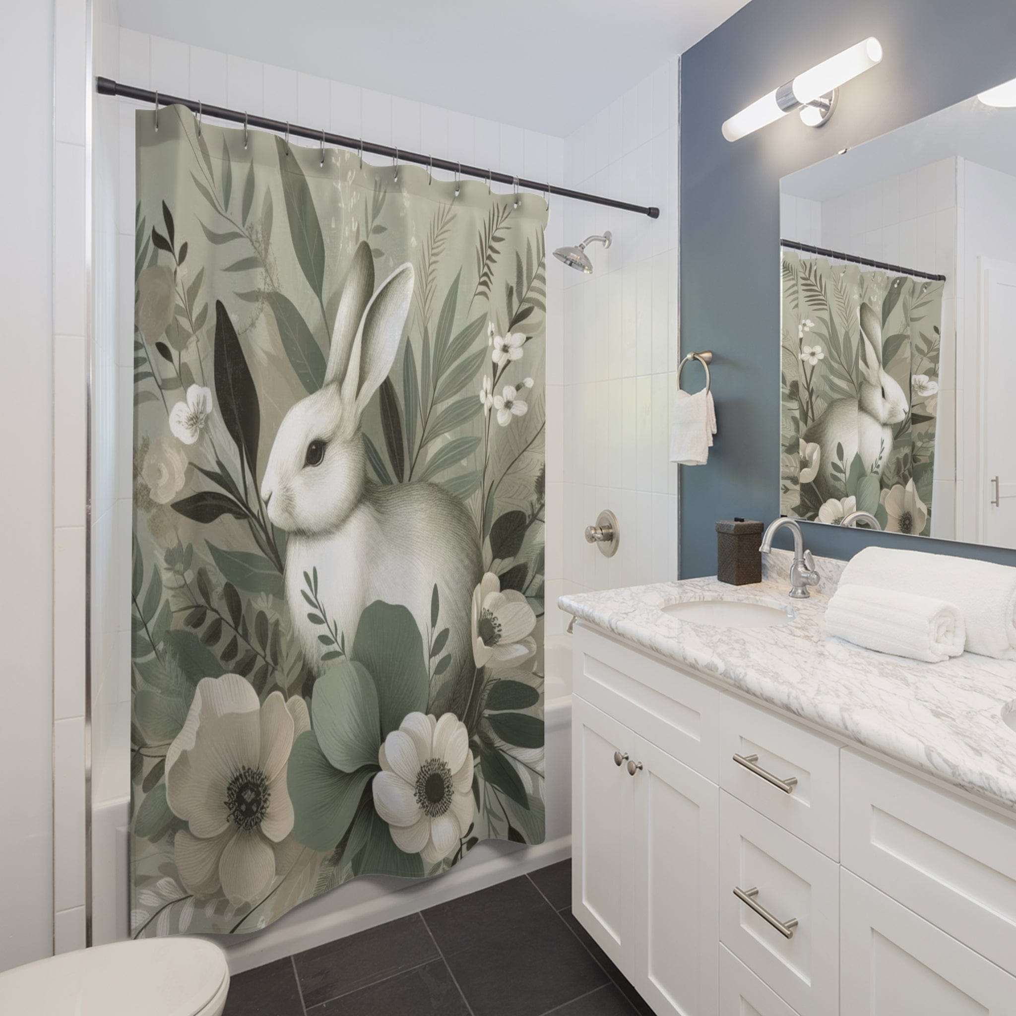 Botanical Bunny & Sage Custom Shower Curtain 71" × 74"
