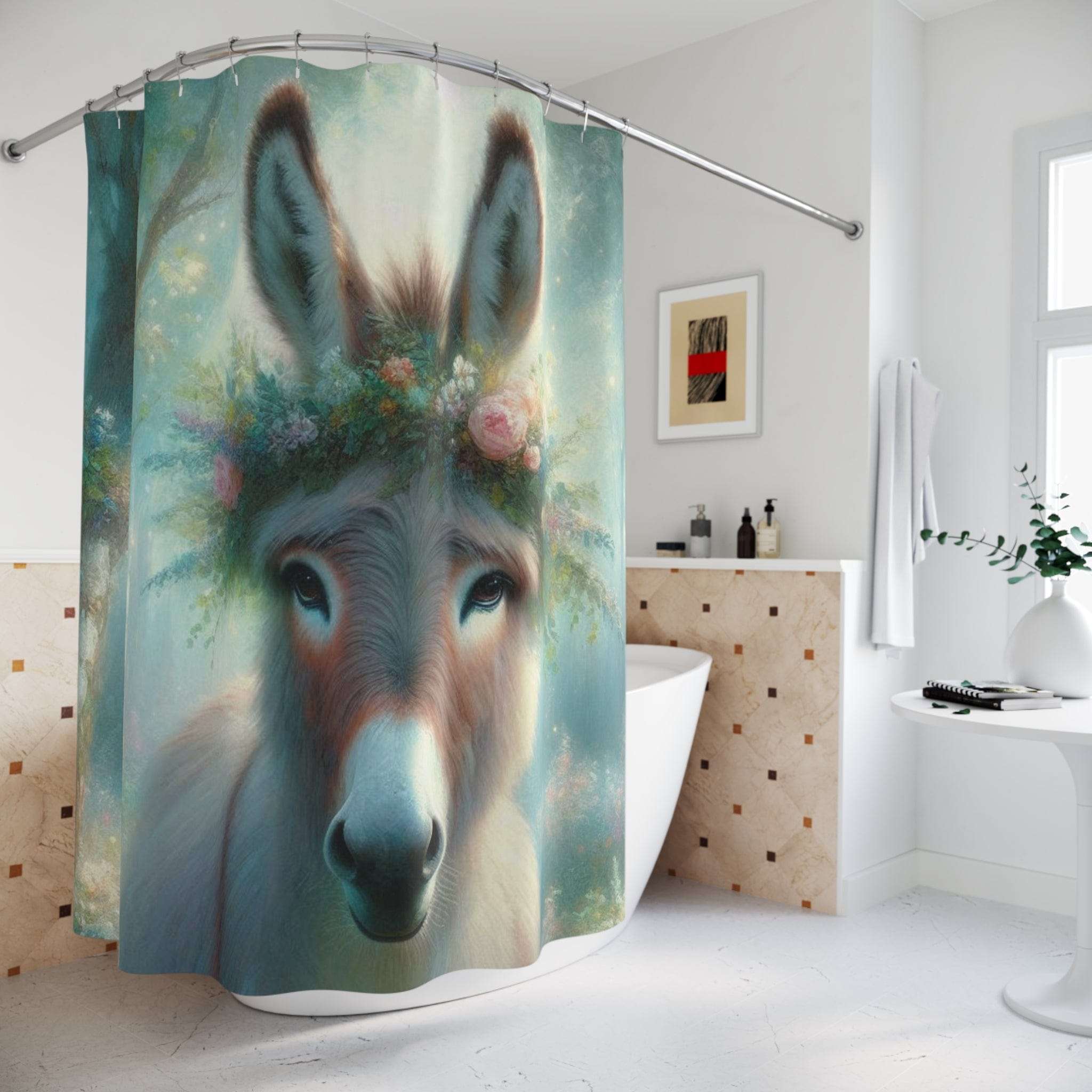 Burro Blossoms Custom Donkey Shower Curtain - Enchanting Equine Home Décor 71" × 74"