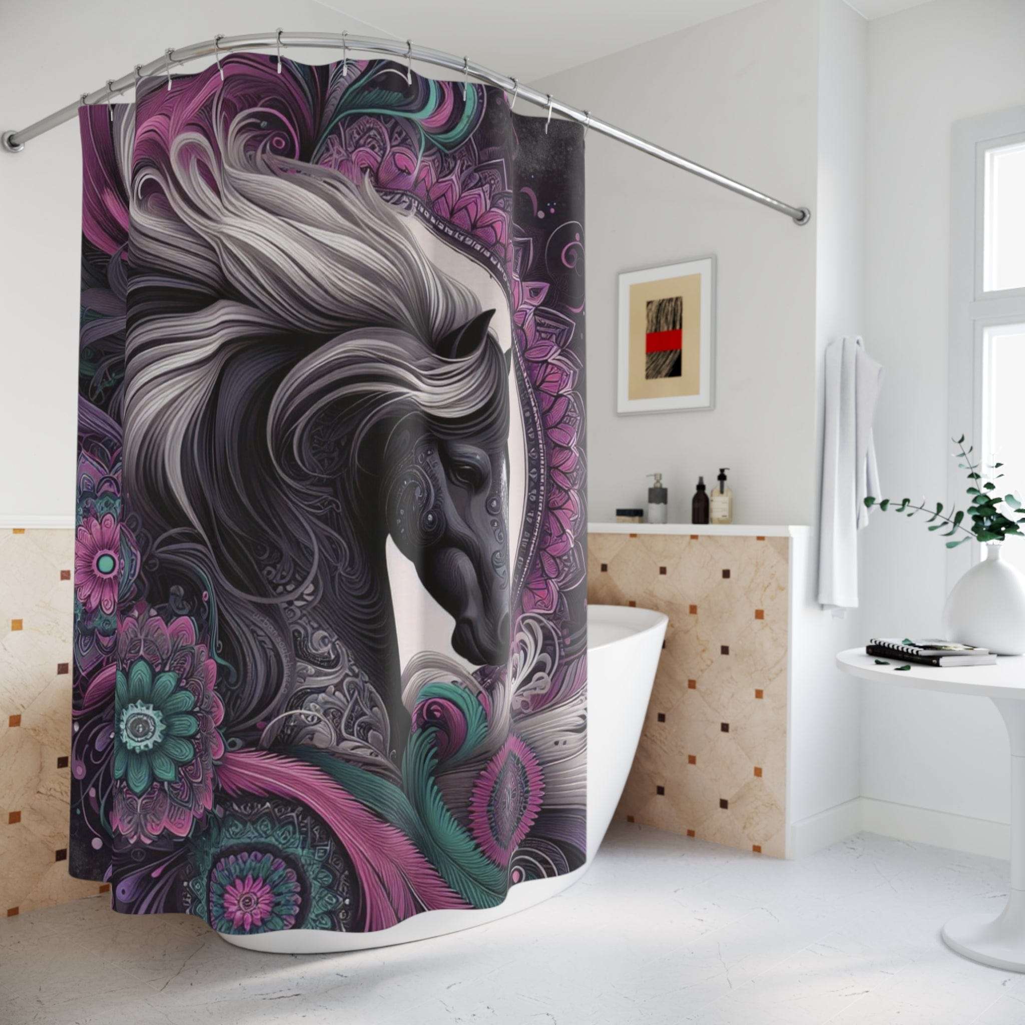 Mandala Mustang Custom Shower Curtain – Boho Décor for Horse Lovers