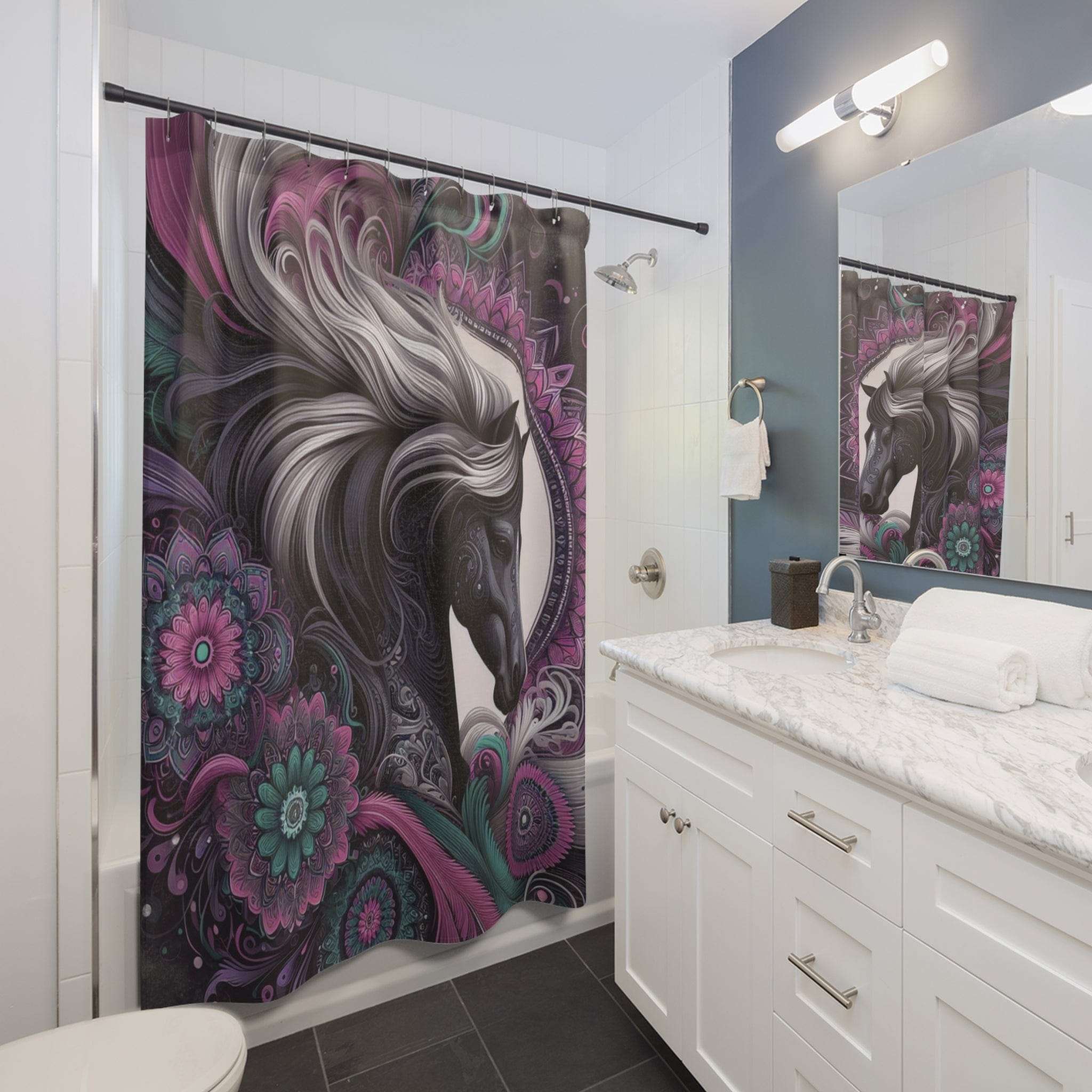 Mandala Mustang Custom Shower Curtain – Boho Décor for Horse Lovers