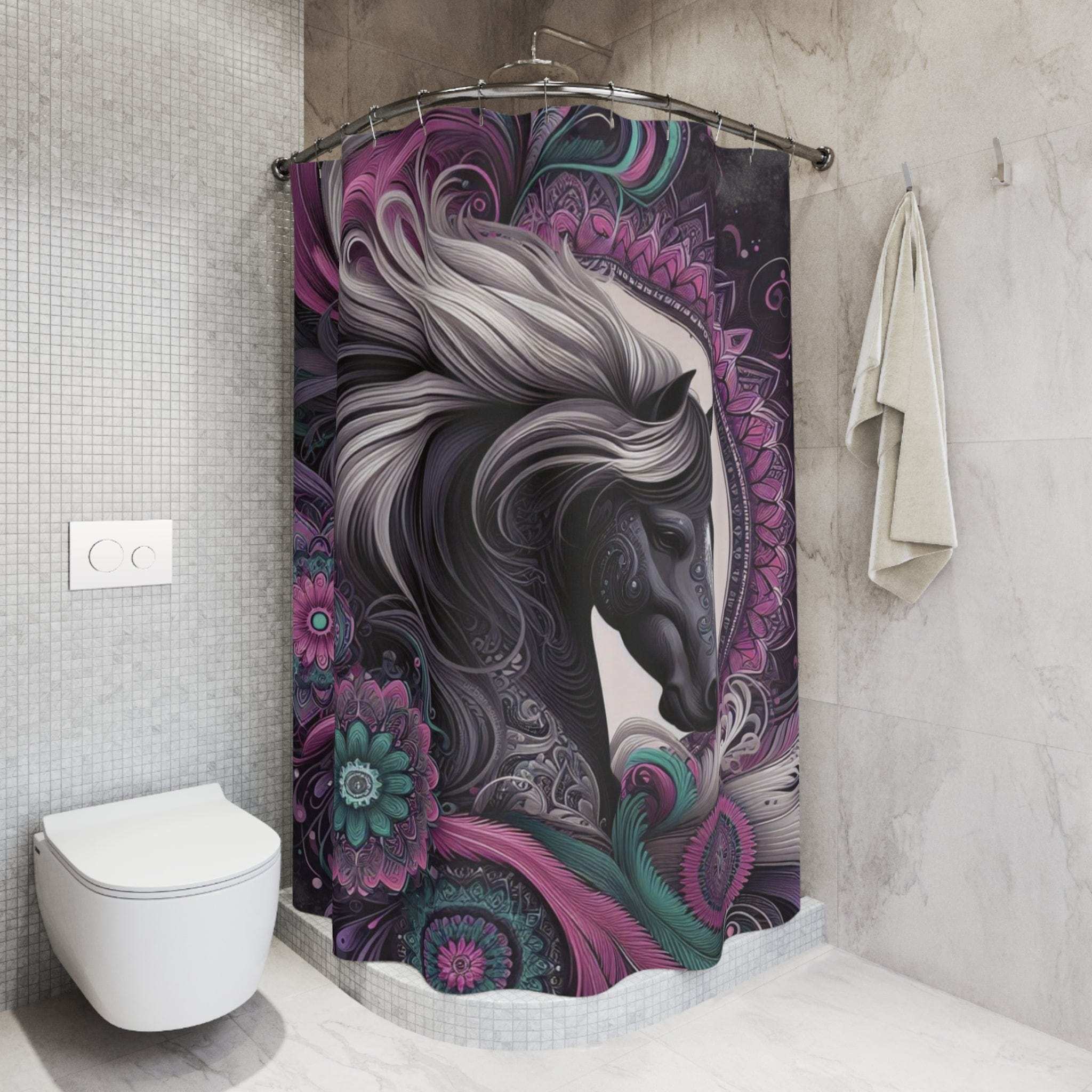 Mandala Mustang Custom Shower Curtain – Boho Décor for Horse Lovers 71" × 74"