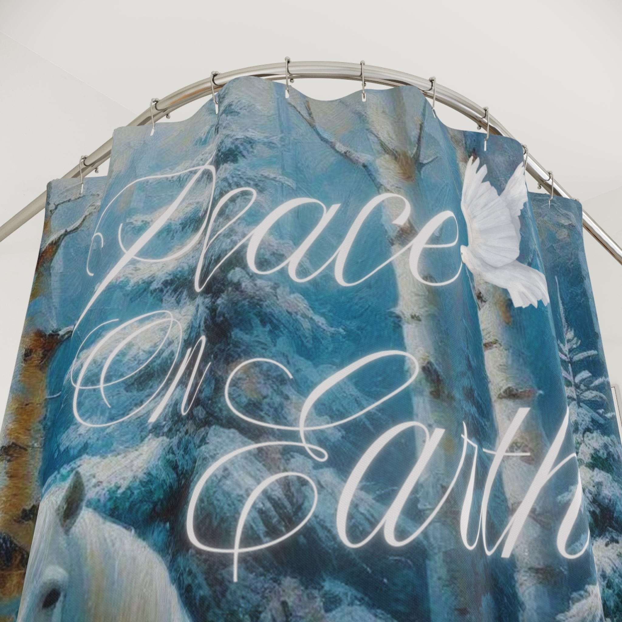 Peace On Earth White Horse Custom Holiday Shower Curtain