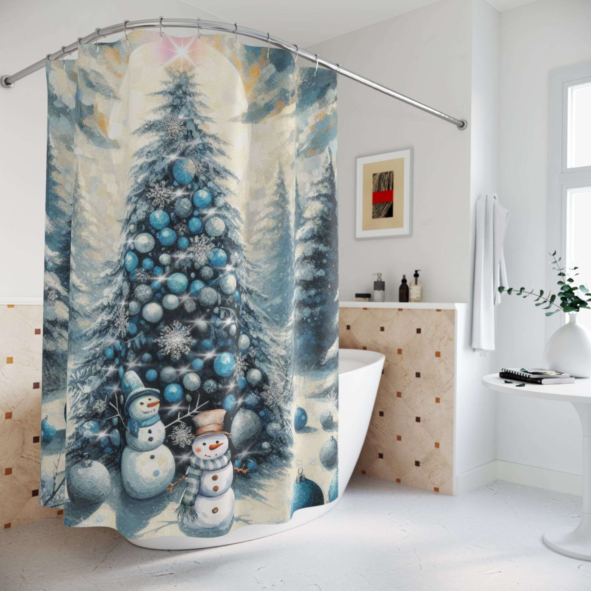 Snowman's Sunny Blue Christmas Custom Shower Curtain 71" × 74"