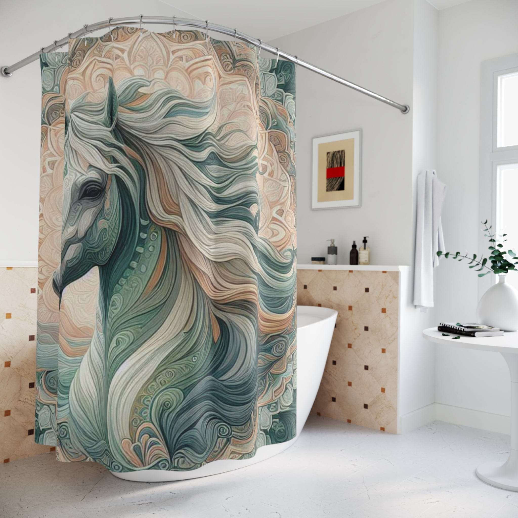 Stallion Sage & Serenity Custom Shower Curtain - Elegant Bohemian Horse Bathroom Decor