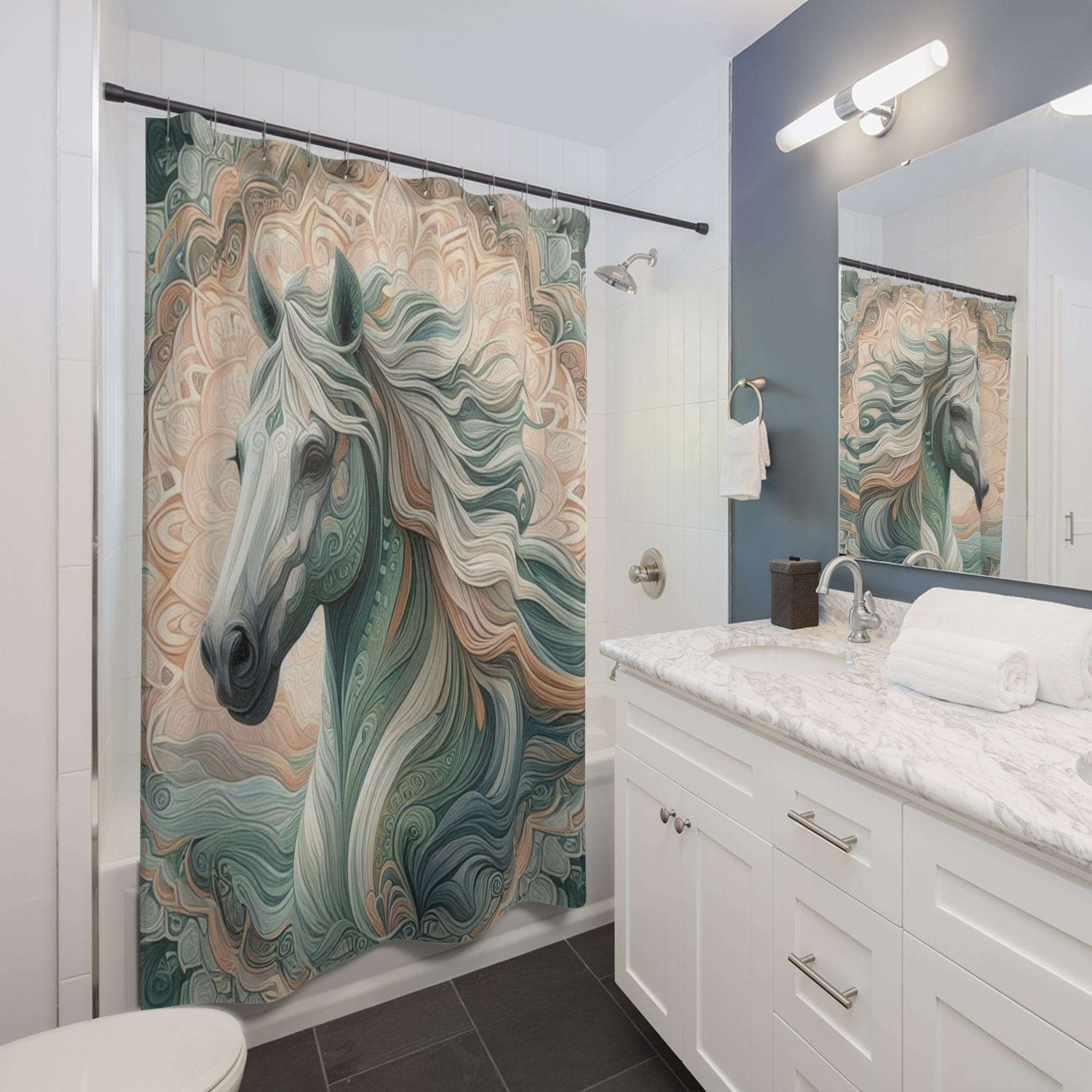 Stallion Sage & Serenity Custom Shower Curtain - Elegant Bohemian Horse Bathroom Decor 71" × 74"