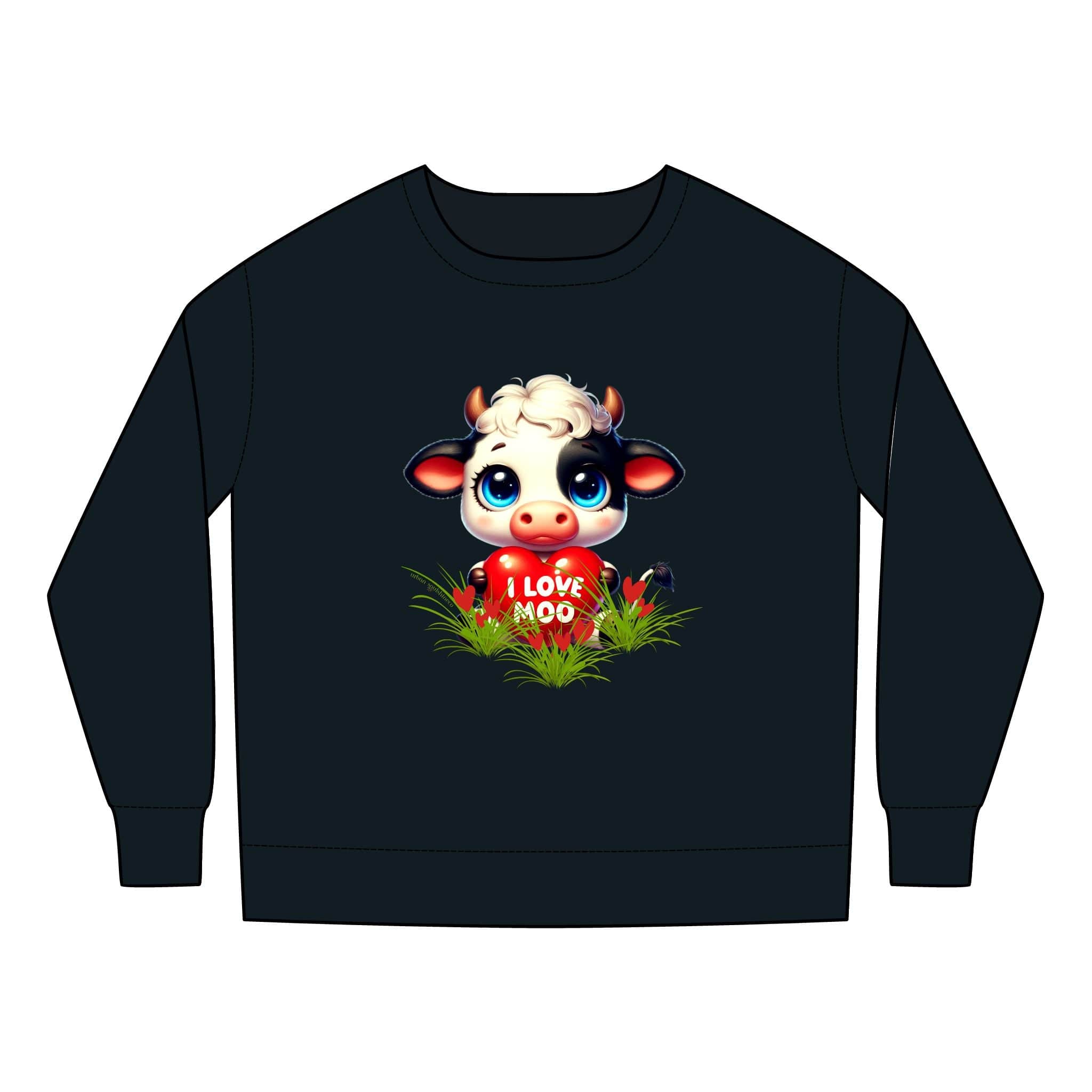 The Printify "I Love Moo" Toddler Sweatshirt is CPSIA-compliant and features a charming cartoon cow with big eyes, a white tuft of hair, and a red heart saying "I LOVE MOO" on lush green grass. Made from a cozy cotton polyester blend, it's perfect for ages 2T to 7T.