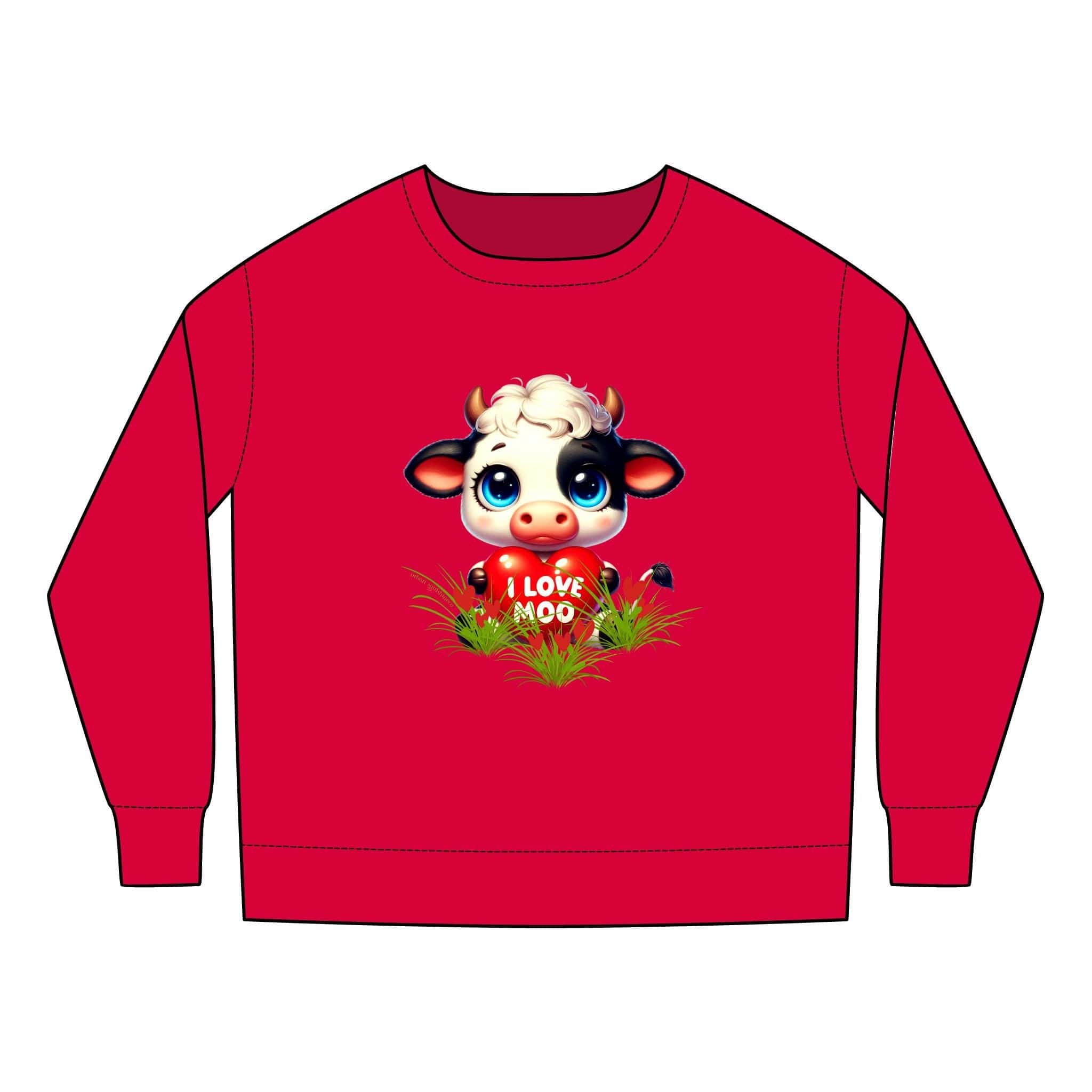 The CPSIA compliant "I Love Moo - Cute Cow Toddler 2T-7T Crewneck Sweatshirt" by Printify features a cozy cotton-polyester blend with a cartoon cow, large-eyed and spotted, standing on grass. Below it reads "I Love Moo" in playful white text.