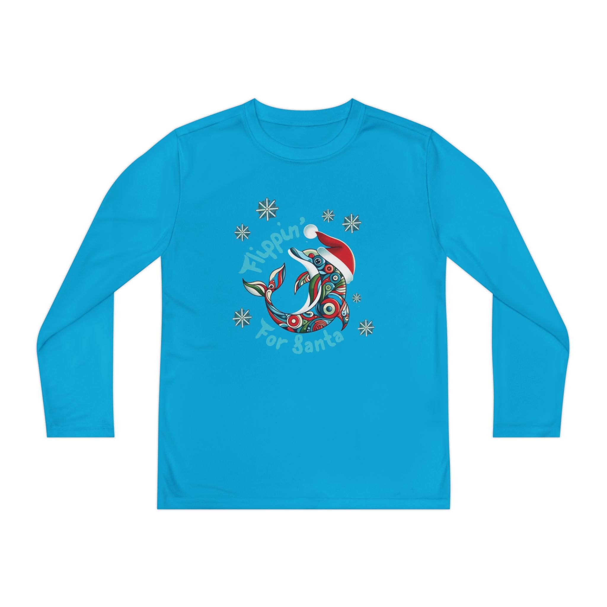 Printify Kids clothes Atomic Blue / S Flippin' For Santa Christmas Dolphin Long Sleeve Youth Sport-Tek Tee (Unisex)