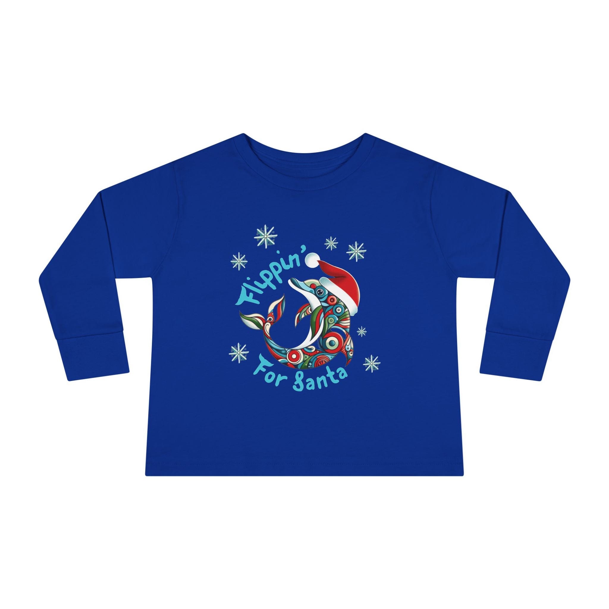 The Flippin' For Santa Christmas Dolphin Long Sleeve Toddler Tee by Urban SoulShine & co is a unisex fit, blue long-sleeve shirt made from 100% cotton. It showcases a festive graphic of a stylized dolphin wearing a Santa hat, surrounded by snowflakes, with the playful text "Flippin' for Santa.