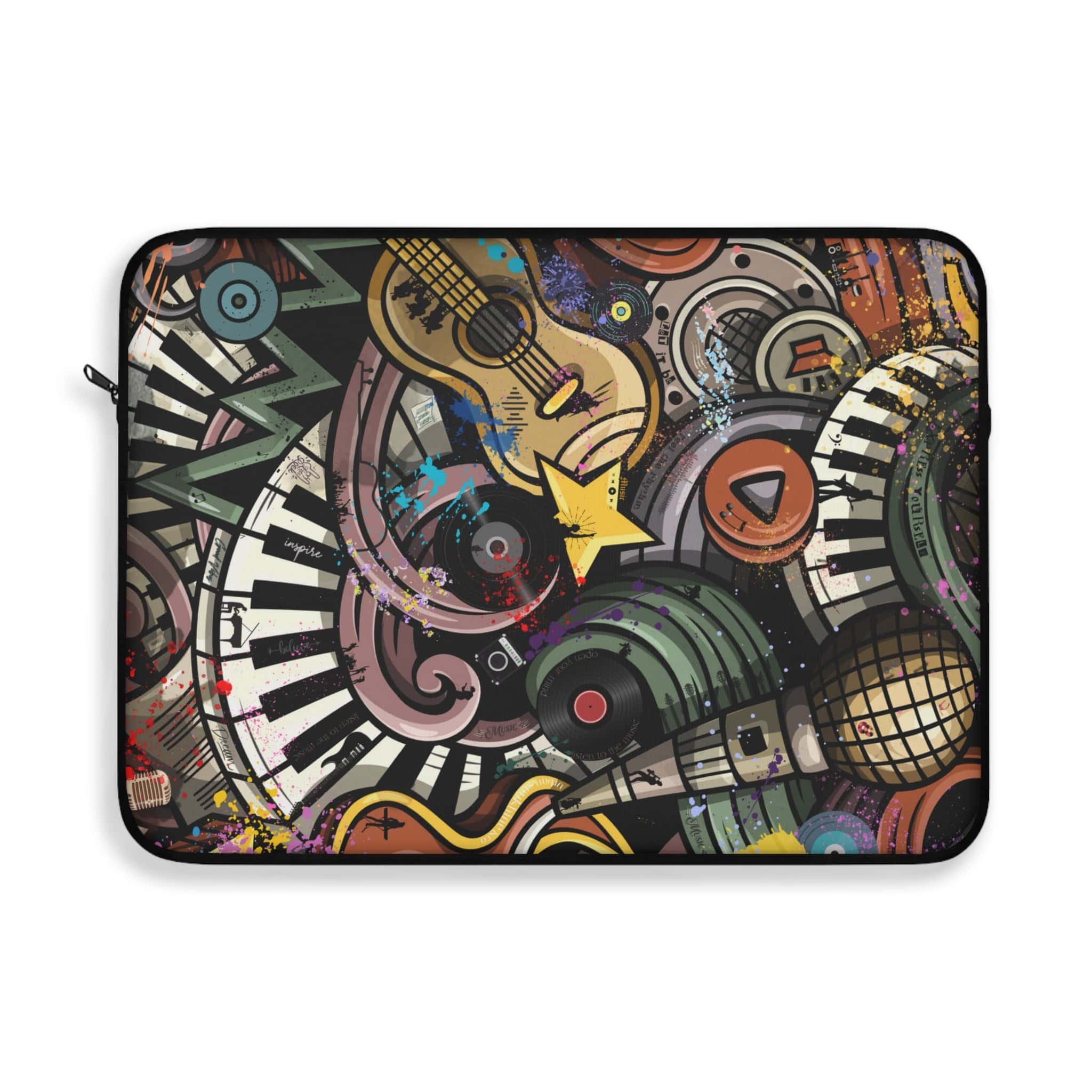 The Music Festival Custom Laptop Sleeve by Urban SoulShine & co is a vibrant and artistic choice for any music enthusiast. It showcases a colorful abstract design adorned with musical elements such as guitars, piano keys, microphones, records, and notes. The sleeve features a dynamic composition with splashes of various colors and includes a plush fleece interior for added protection.