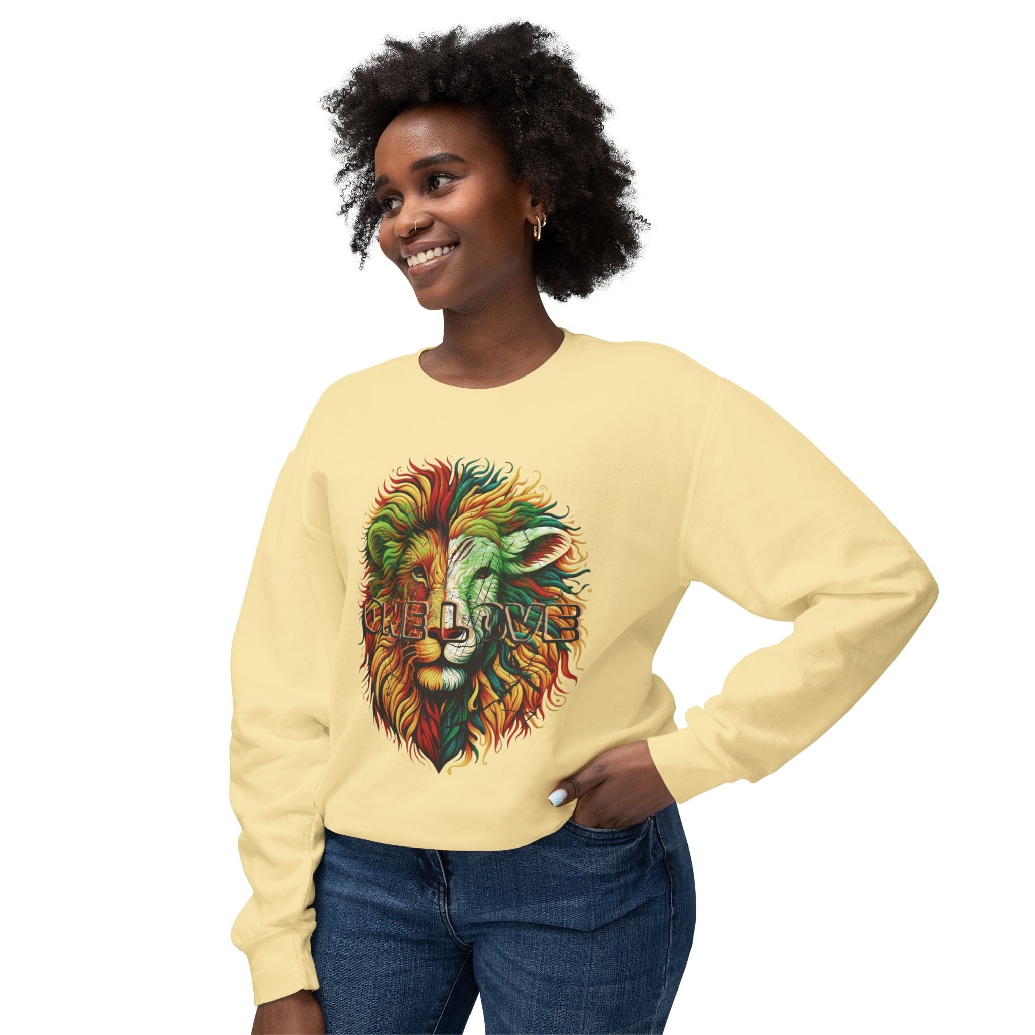 Printify Sweatshirt Butter / S ONE LOVE: The Lion & The Lamb Lightweight Crewneck Sweatshirt (Unisex)