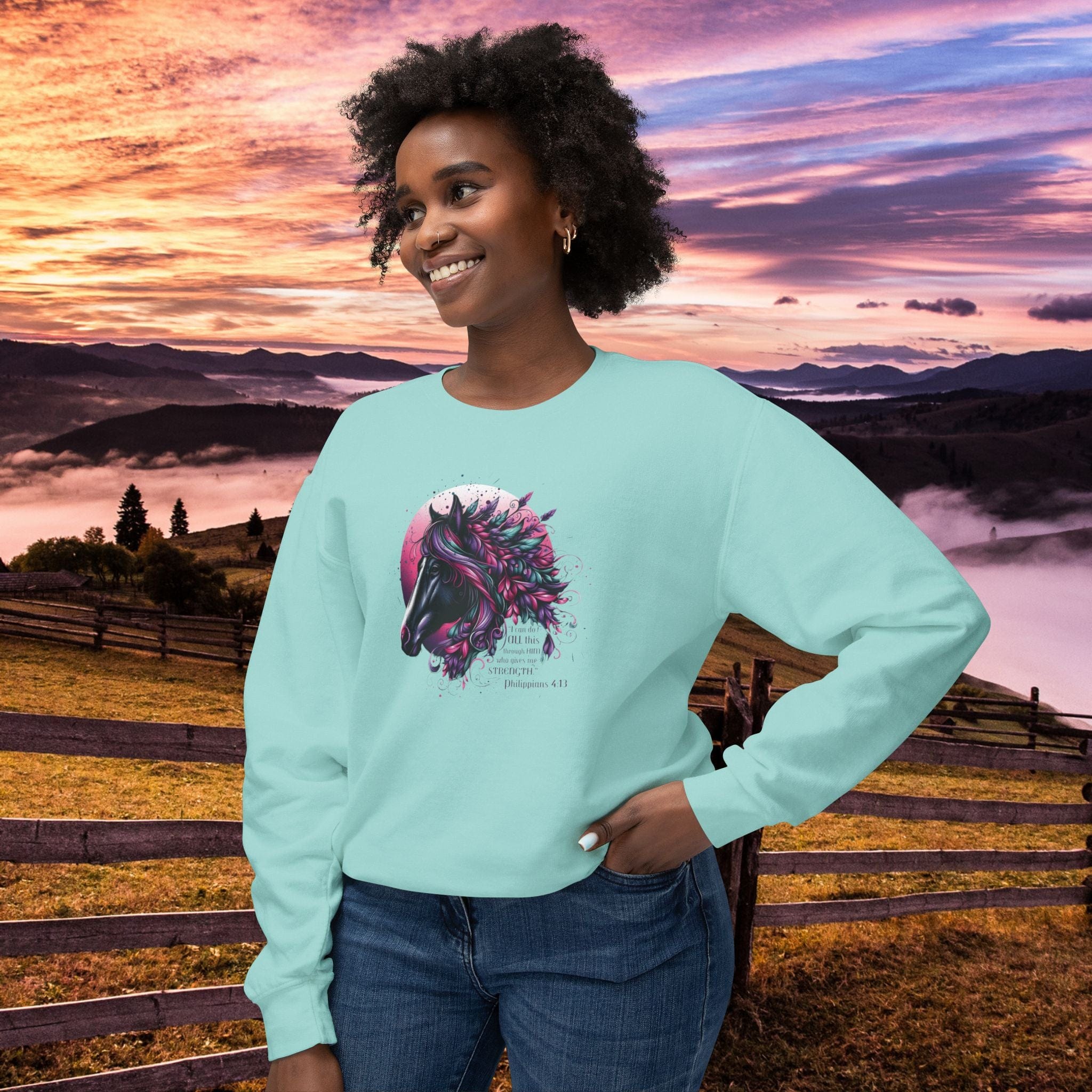 Printify Sweatshirt Chalky Mint / S I Can Do All Things Feathered Horse Lover Crewneck Sweatshirt