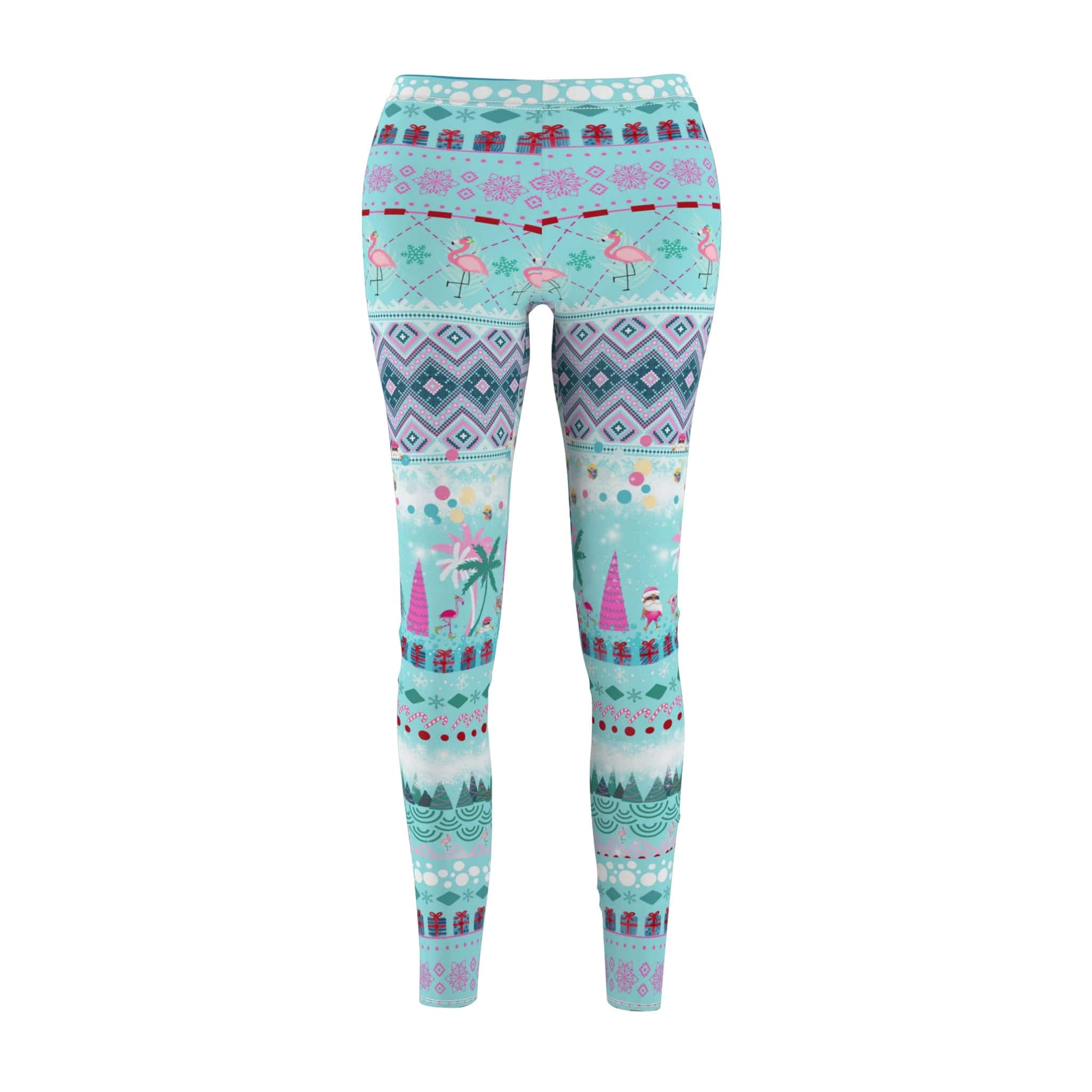 Embrace the holiday spirit in Urban SoulShine & co's It's Snowing Flamingos 'Ugly Christmas Sweater Style' SuperSoft Casual Leggings, adorned with a vibrant pattern of flamingos, palm trees, and geometric designs in hues of turquoise, pink, and purple.