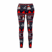 Urban SoulShine & co introduces the Merry Christmas Reindeer Gnome SuperSoft Casual Leggings, featuring a festive holiday design with red Christmas trees, snowmen, and "Merry Christmas" on a dark background adorned with decorative patterns. These suede-like fabric leggings proudly embody the essence of ugly Christmas sweaters and are crafted in the USA.