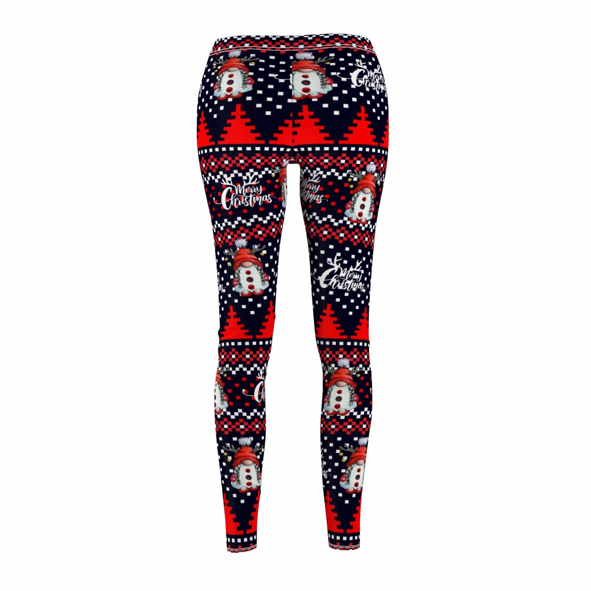 Urban SoulShine & co's Merry Christmas Reindeer Gnome SuperSoft Casual Leggings showcase a festive holiday theme with a cheerful spirit similar to an ugly Christmas sweater. These USA-made leggings feature reindeer gnomes, the phrase "Merry Christmas," and are decorated with red triangles on a dark blue background adorned with white polka dots, offering a cozy and playful style.