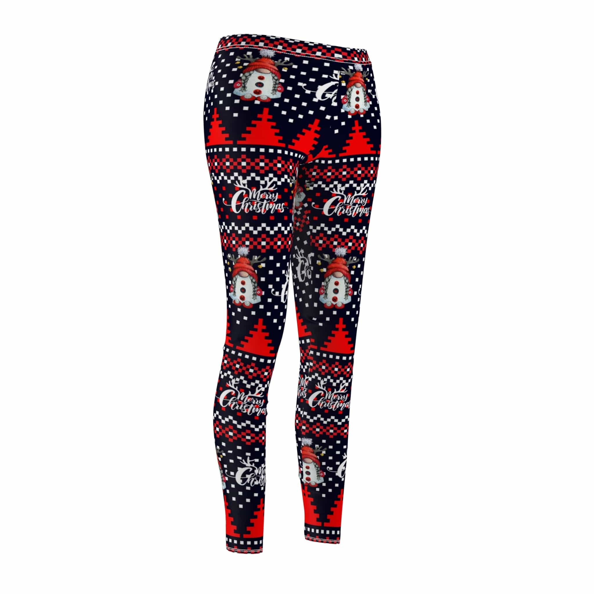 Urban SoulShine & co presents the Merry Christmas Reindeer Gnome SuperSoft Casual Leggings, designed with a festive pattern of snowmen, red trees, and "Merry Christmas" text on a dark backdrop. Made in the USA from luxurious suede-like fabric, these leggings offer the charm of an ugly Christmas sweater in a cozy legging form.