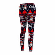 The Merry Christmas Reindeer Gnome SuperSoft Casual Leggings by Urban SoulShine & co, crafted in the USA, feature a vibrant festive design with red trees, white snowmen, and snowflake patterns on a dark background. These suede-like leggings capture the essence of an ugly Christmas sweater with "Merry Christmas" elegantly printed in white.