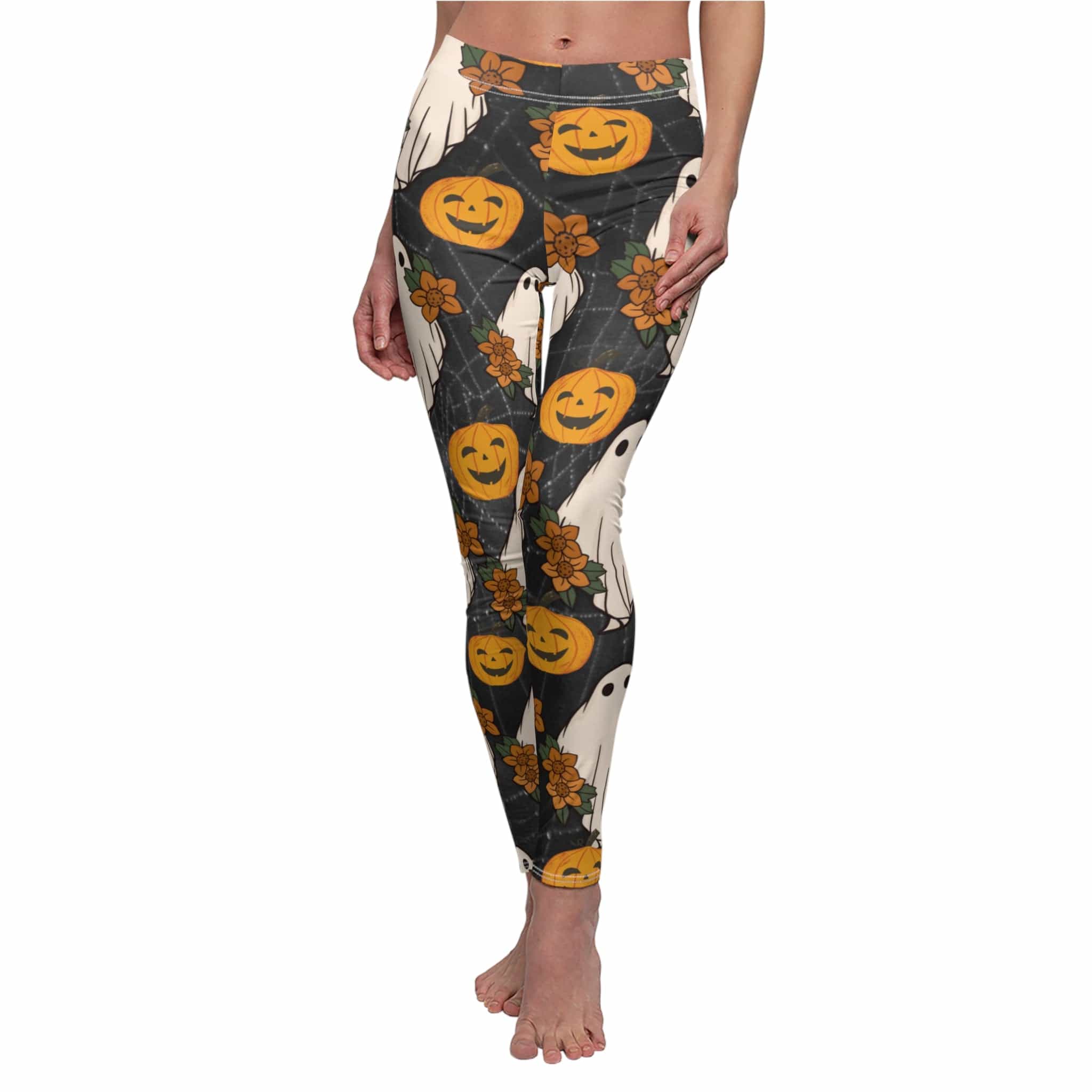  White stitching Halloween Ghost & Pumpkin SuperSoft Casual Leggings