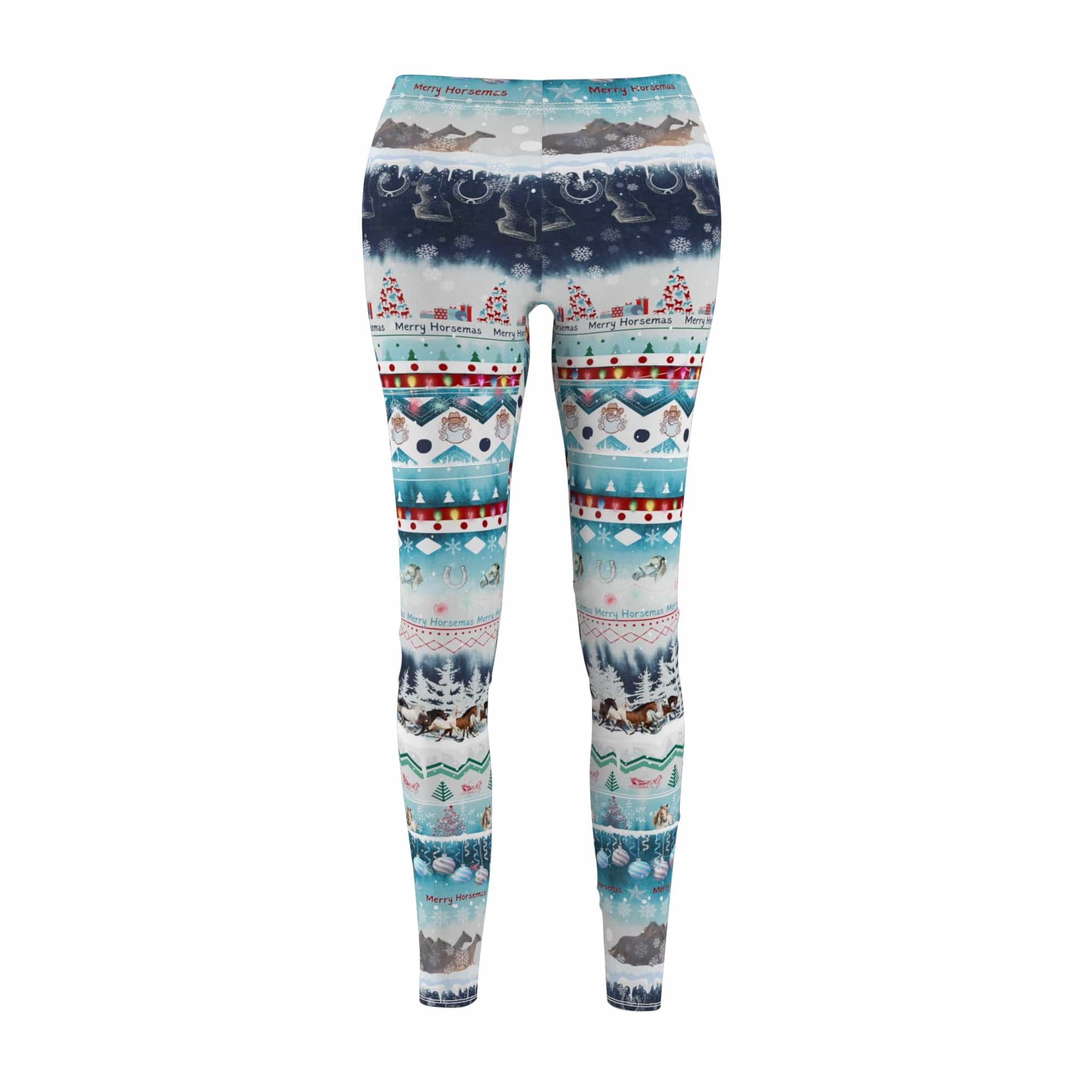 Introducing the Merry Horsemas 'Ugly Christmas Sweater Style' SuperSoft Casual Leggings by Urban SoulShine & co. These cozy holiday leggings showcase a delightful festive design with snowflakes, Christmas trees, reindeer, and winter patterns in vibrant blue, green, red, and white hues. Featuring the cheerful message "Merry Christmas & Happy New Year," they are perfect for adding warmth and cheer to your seasonal wardrobe.