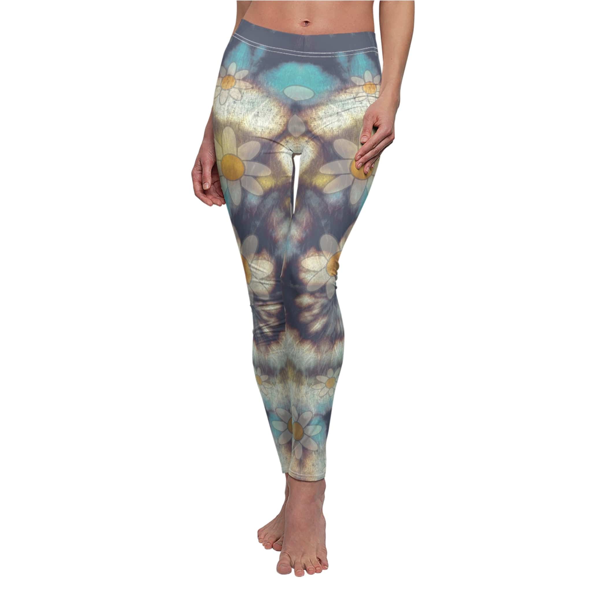 Vintage Daisies Tie Dyed SuperSoft Casual Leggings White stitching