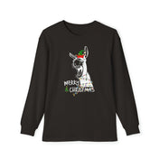 This black long-sleeve shirt, made from 100% cotton, features Urban SoulShine & co's exclusive Merry Donkey design—a donkey decorated with antlers and a colorful scarf. The festive appearance is enhanced by the joyful "Merry Christmas" text below. Part of the Merry Donkey Long Sleeve Christmas Pajama Set (Youth).