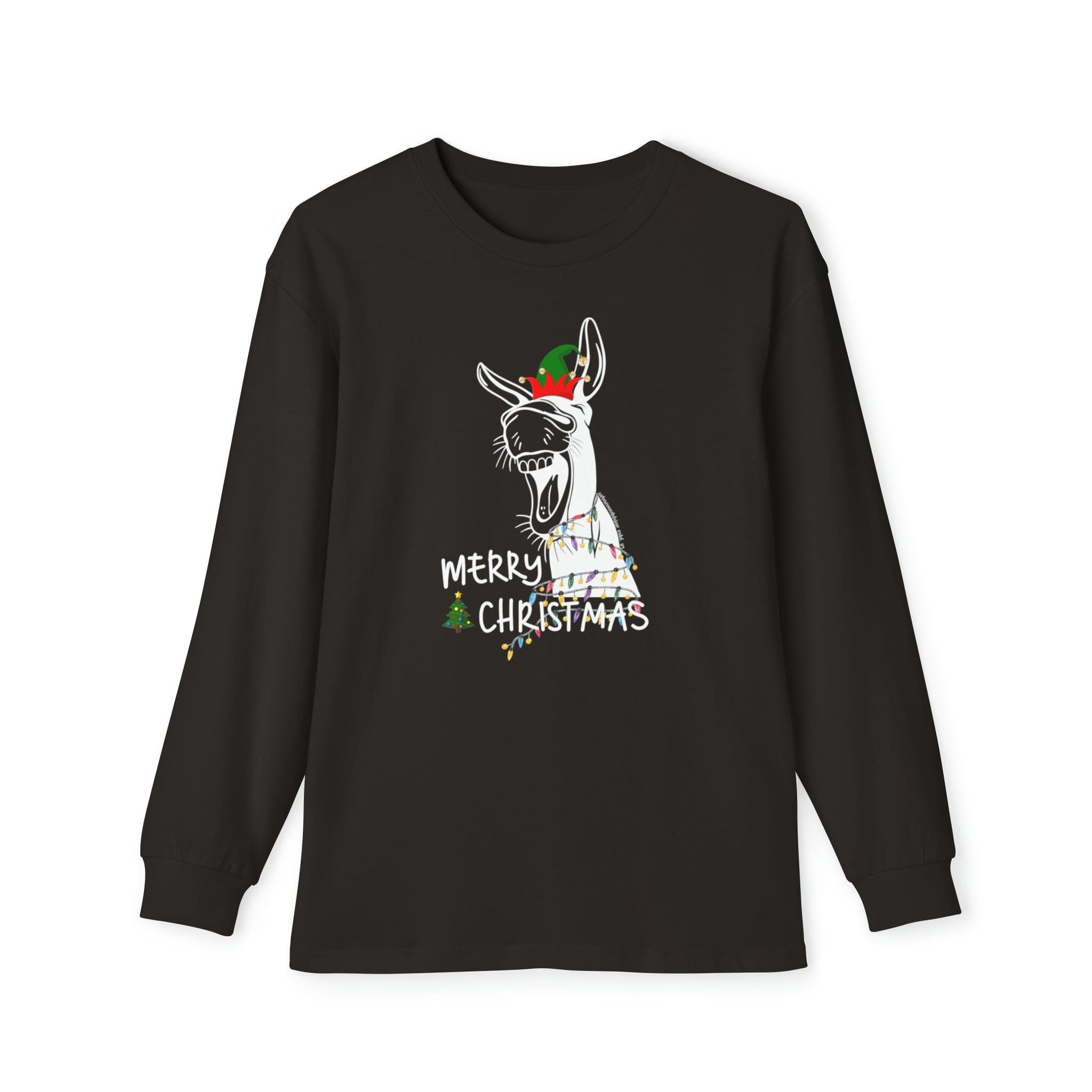 This black long-sleeve shirt, made from 100% cotton, features Urban SoulShine & co's exclusive Merry Donkey design—a donkey decorated with antlers and a colorful scarf. The festive appearance is enhanced by the joyful "Merry Christmas" text below. Part of the Merry Donkey Long Sleeve Christmas Pajama Set (Youth).