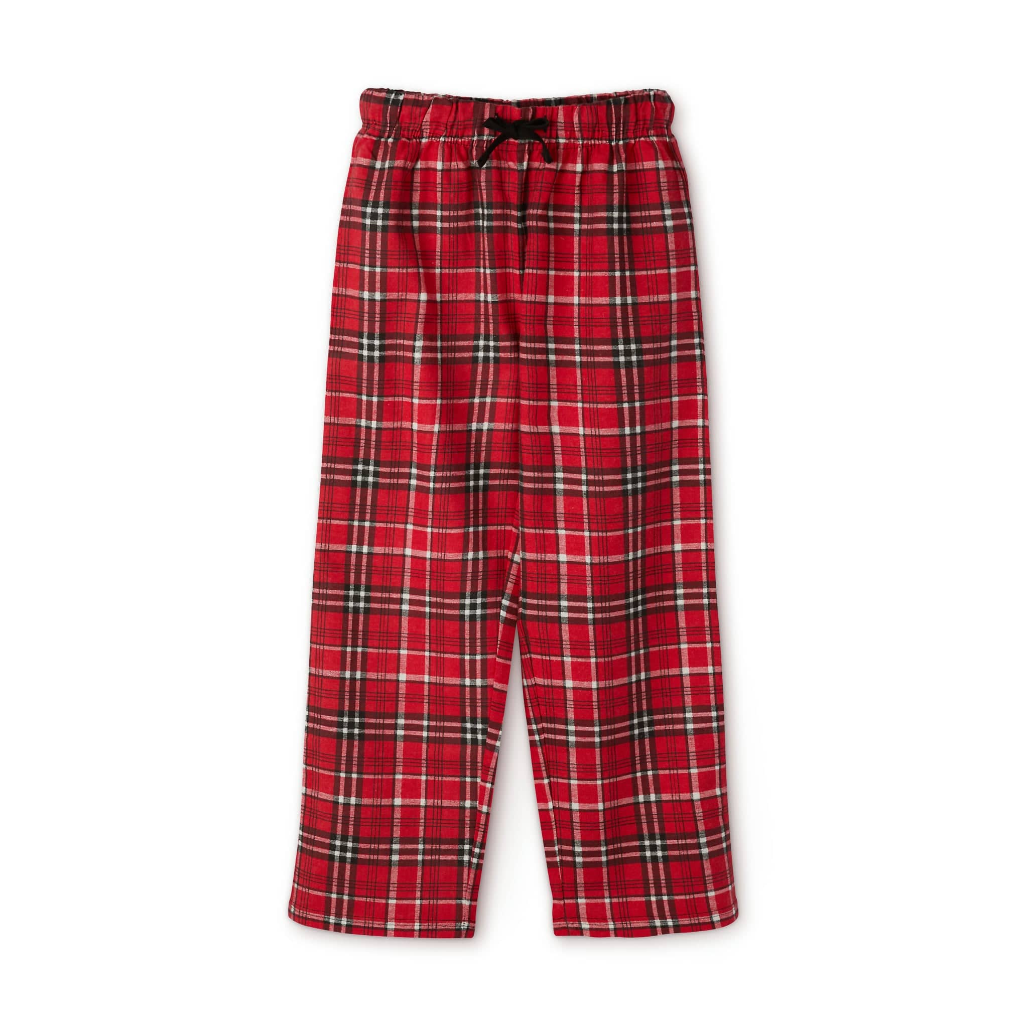 Urban SoulShine & co's "Merry Donkey Long Sleeve Christmas Pajama Set (Youth)" features red plaid pajama pants equipped with an elastic waistband and a drawstring. Crafted from 100% cotton, these pants showcase a classic tartan pattern with white, black, and green lines on a red background. They are displayed laid flat against a white backdrop.