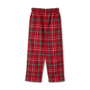 A pair of 100% cotton pajama pants from the Merry Donkey Long Sleeve Christmas Pajama Set (Youth) by Urban SoulShine & co, featuring a red plaid design with a check pattern in black, white, and hints of green. The pants are laid flat against a plain white background and include an elastic waistband for comfort.