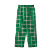 Merry Donkey Long Sleeve Christmas Pajama Set (Youth) by Urban SoulShine & co, featuring green plaid pajama pants with an elastic waistband, crafted from 100% cotton. The design showcases white and black lines intersecting to create a square pattern, all set against a white background.