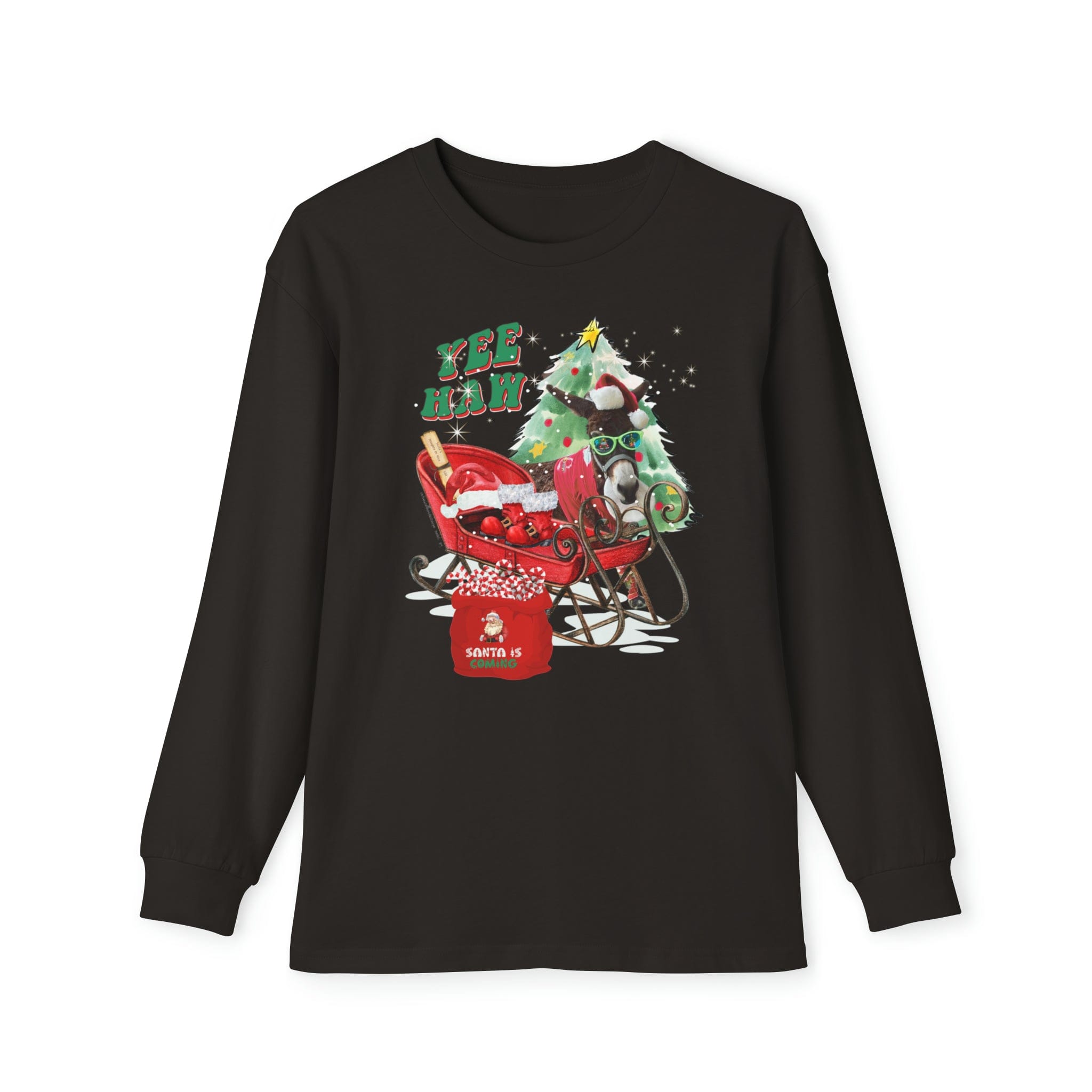 This black long-sleeve pajama set by Urban SoulShine & co, named the YEE HAW Donkey Claus Long Sleeve Christmas Pajama Set (Youth), displays a unique design of Santa relaxing in a red sleigh pulled by a Christmas tree wearing cowboy boots. It features the text "Yee-Haw" and includes a red mailbox labeled "Santa" prominently in the foreground.