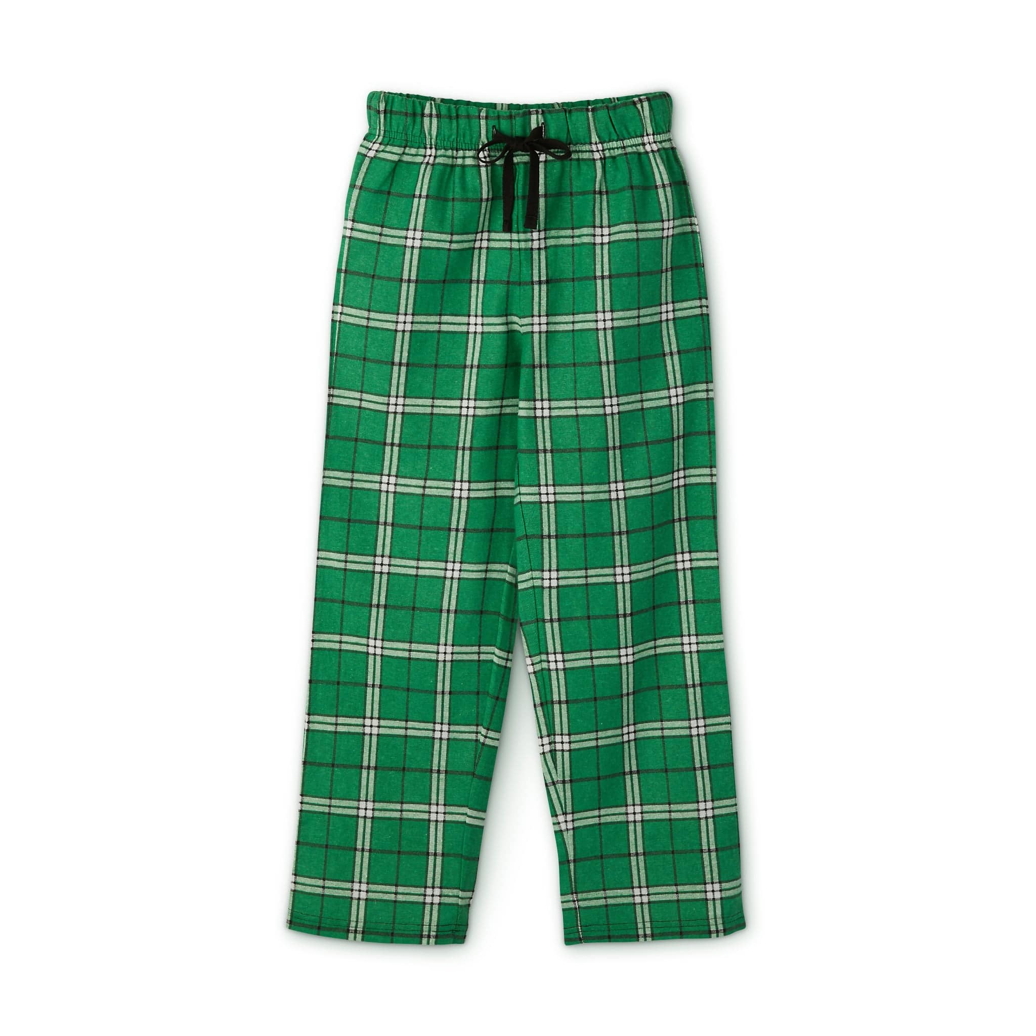 Experience ultimate comfort with the YEE HAW Donkey Claus Long Sleeve Christmas Pajama Set (Youth) by Urban SoulShine & Co. This set includes green plaid pajama pants featuring intersecting white and black stripes on a white background, paired with a matching cotton top and bottom for a cozy look.