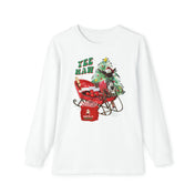 The YEE HAW Donkey Claus Long Sleeve Christmas Pajama Set (Youth) by Urban SoulShine & co features a white cotton top with a playful "Donkey Claus" design. It showcases a cartoon Christmas tree wearing sunglasses and a cowboy hat, sitting in a red sleigh with "YEE HAW" text above, and includes a sack labeled "Santa" for an added whimsical touch to the custom outfit set.