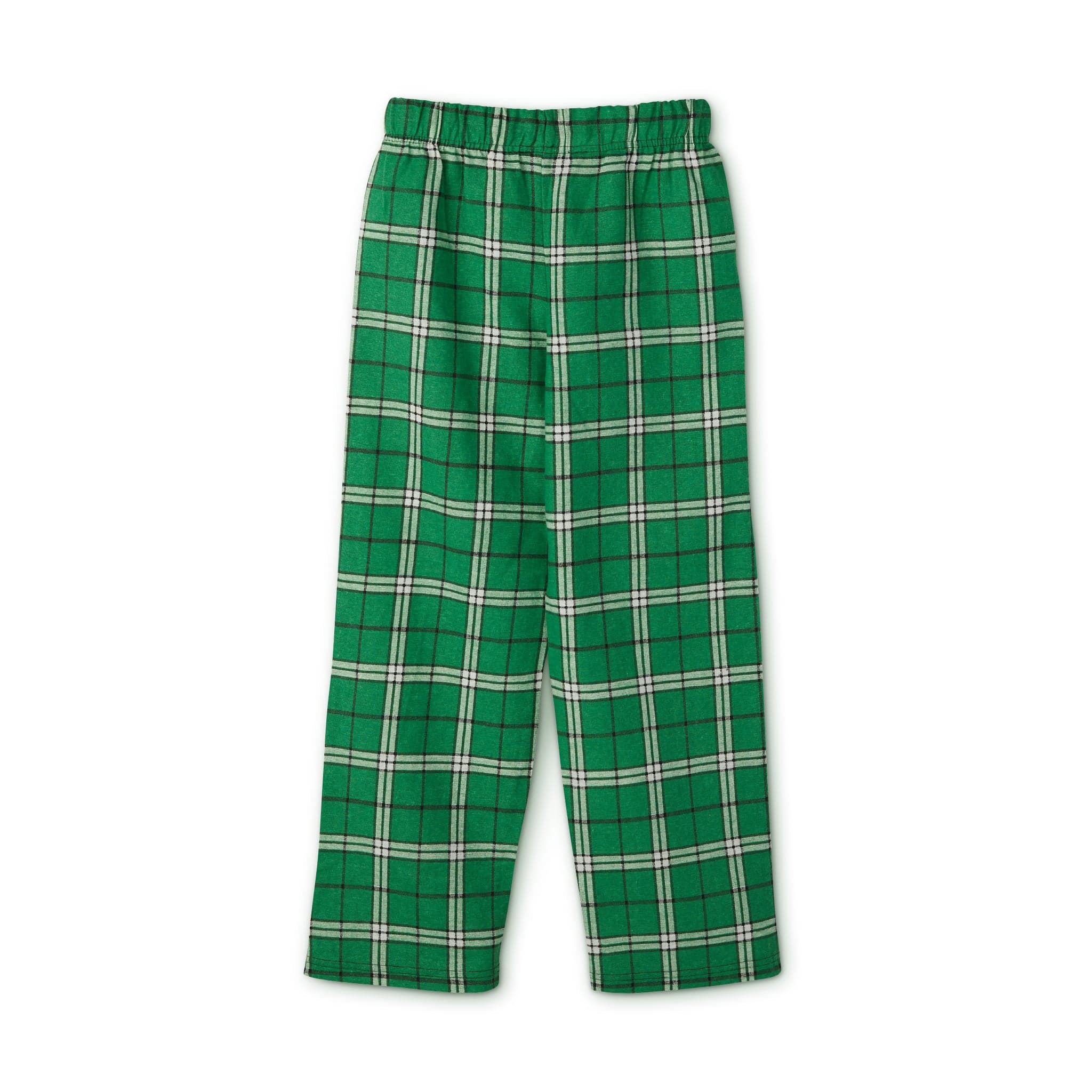 The YEE HAW Donkey Claus Long Sleeve Christmas Pajama Set (Youth) by Urban SoulShine & co showcases green plaid pajama pants with an elastic waistband, adorned with a whimsical Donkey Claus design, set against a white background.