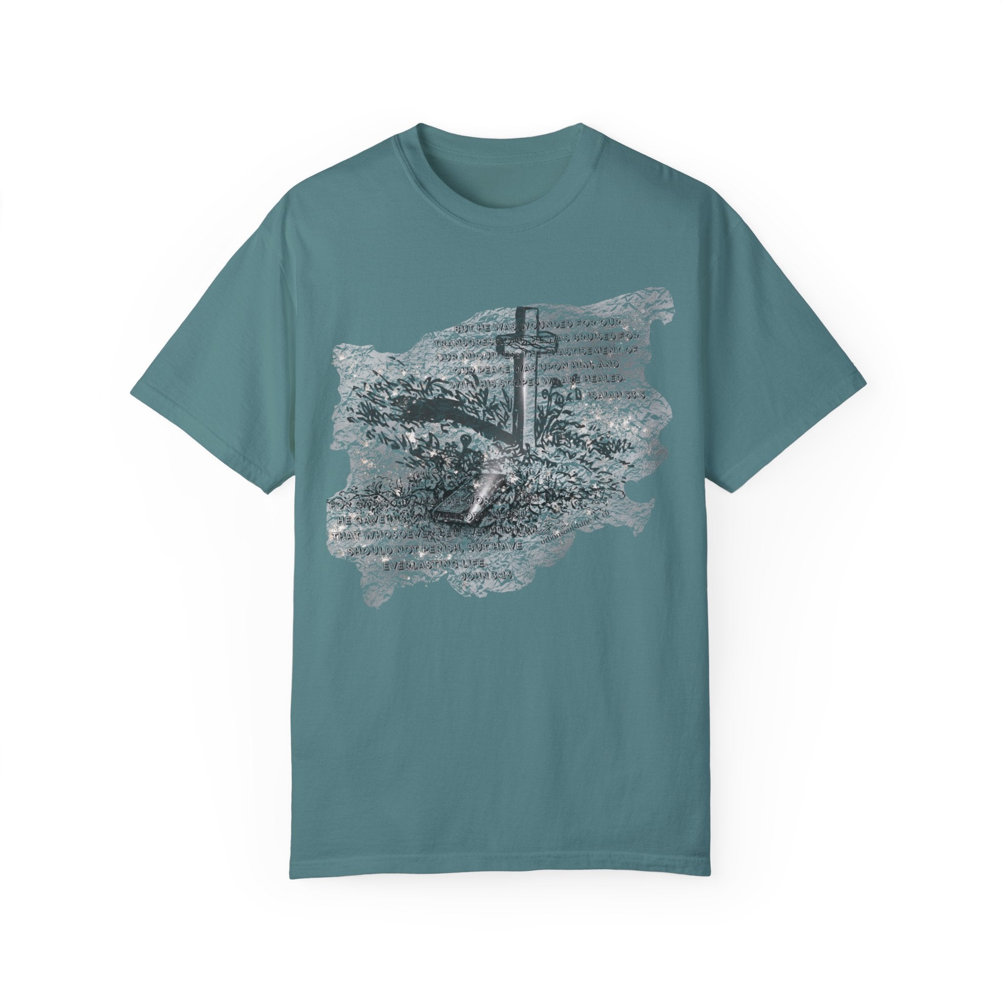 With His Stripes Scripture Etched Comfort Colors Tee (Unisex) Blue Spruce