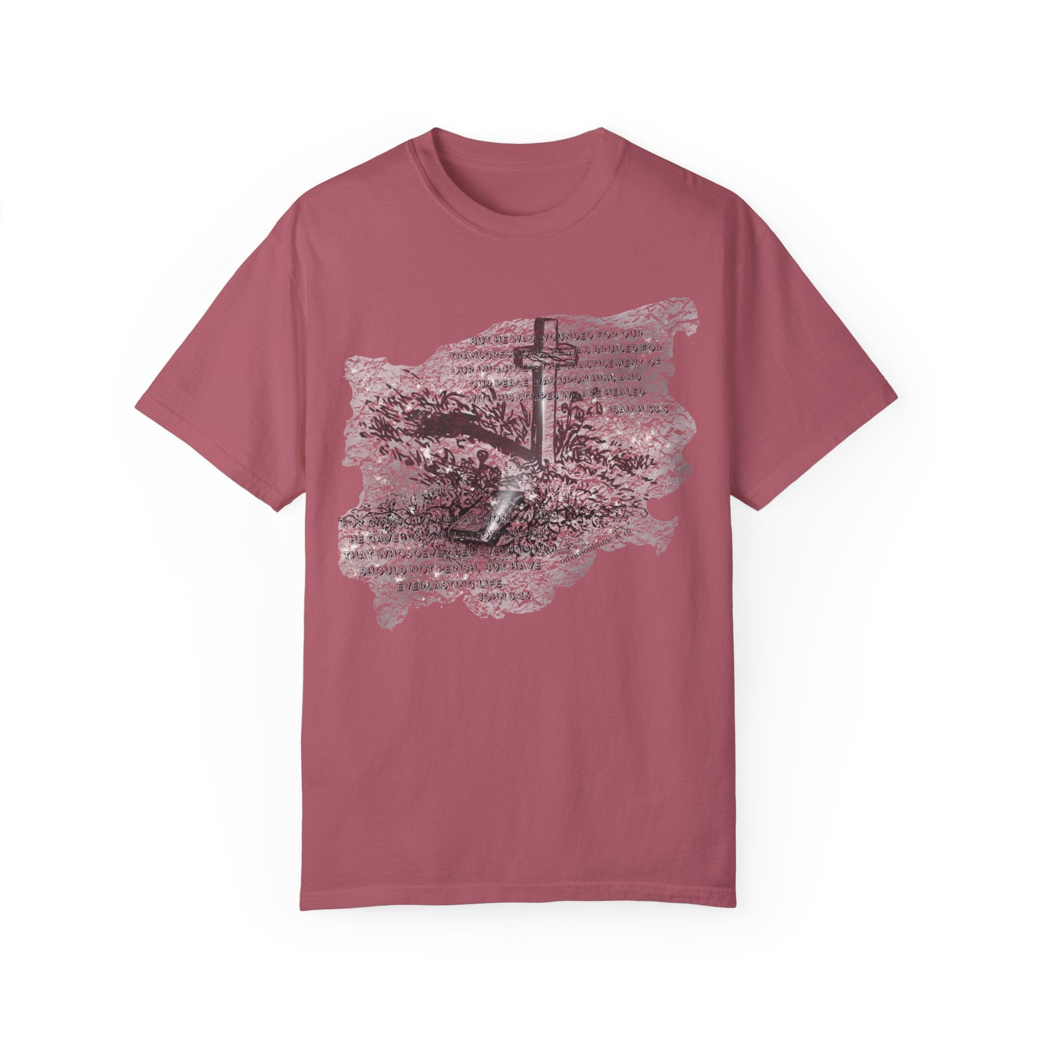 With His Stripes Scripture Etched Comfort Colors Tee (Unisex) Crimson