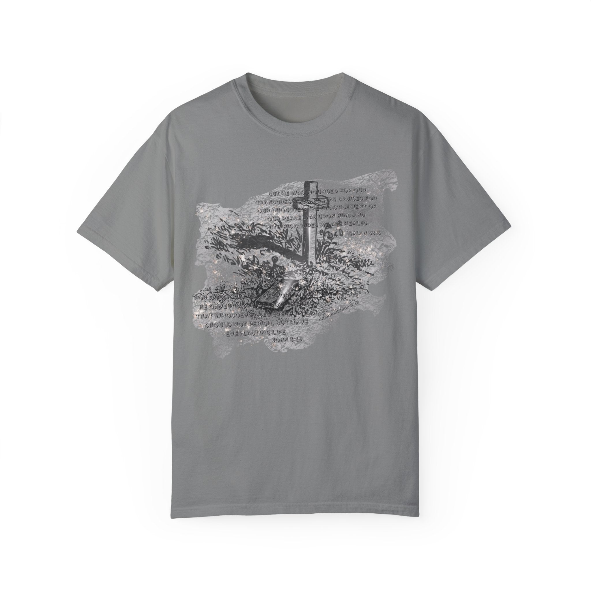 With His Stripes Scripture Etched Comfort Colors Tee (Unisex) Granite