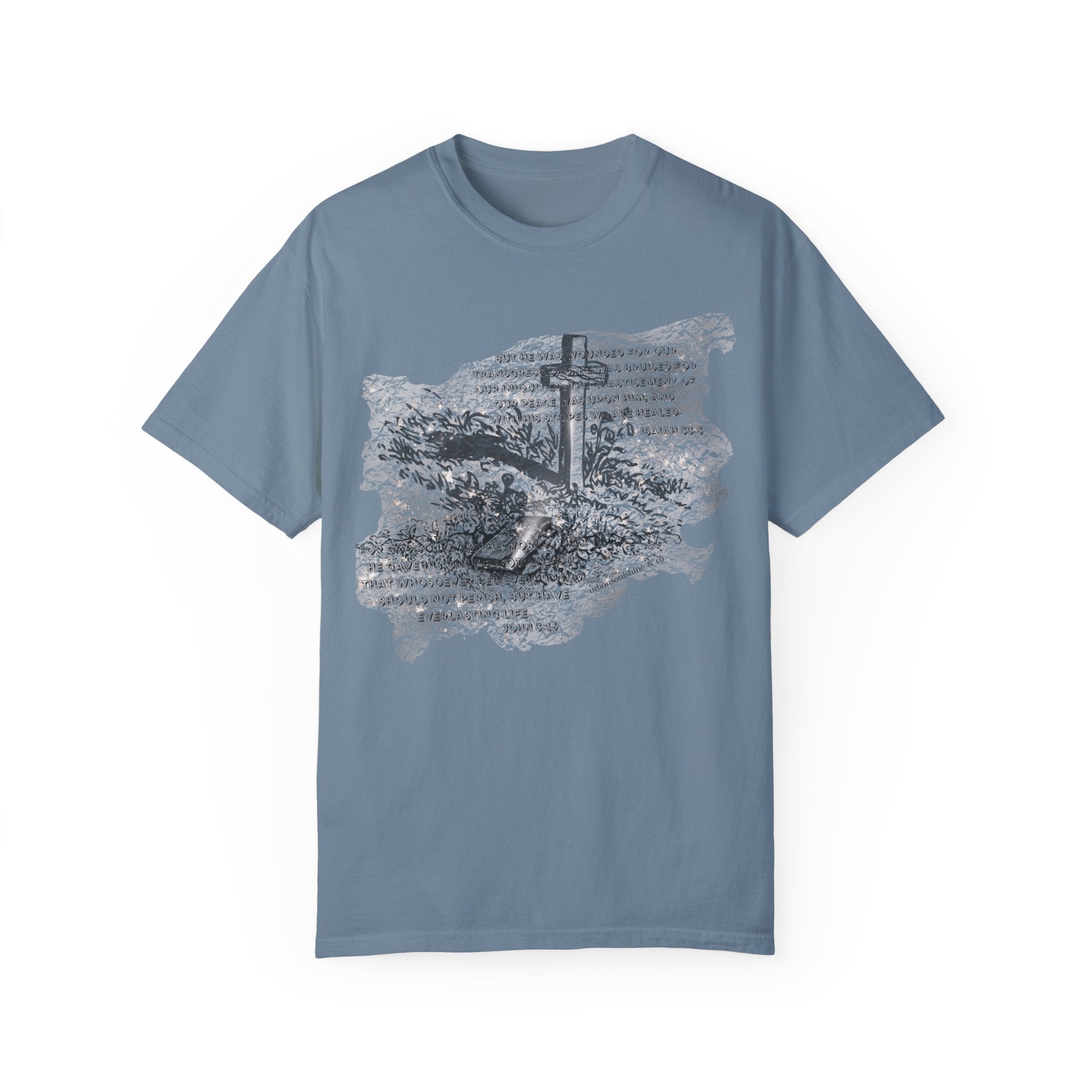With His Stripes Scripture Etched Comfort Colors Tee (Unisex) Ice Blue