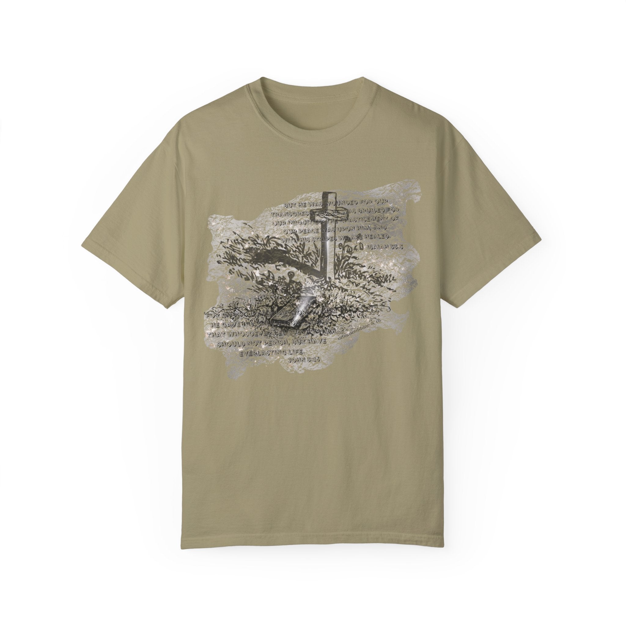 With His Stripes Scripture Etched Comfort Colors Tee (Unisex) Khaki